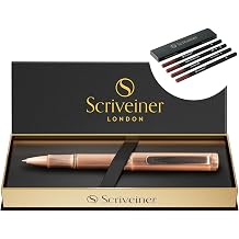 Scriveiner EDC Luxury Rollerball Pen, Stunning Heavy Pocket Pen, Hand Brushed Copper Finish, bundle with Rollerball Refill Blue Medium - 4 Rollerball Refills in one box