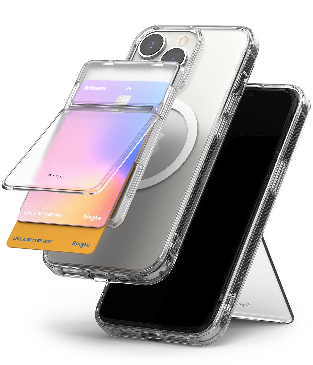Ringke Magnetic Stand Slot Card Holder, Magnetic Stick-on Minimalist Credit Card ID Wallet Attachment, Phone Grip, Phone Stand for MagSafe Compatible Cases, Polycarbonate Material - Clear Mist-image-8