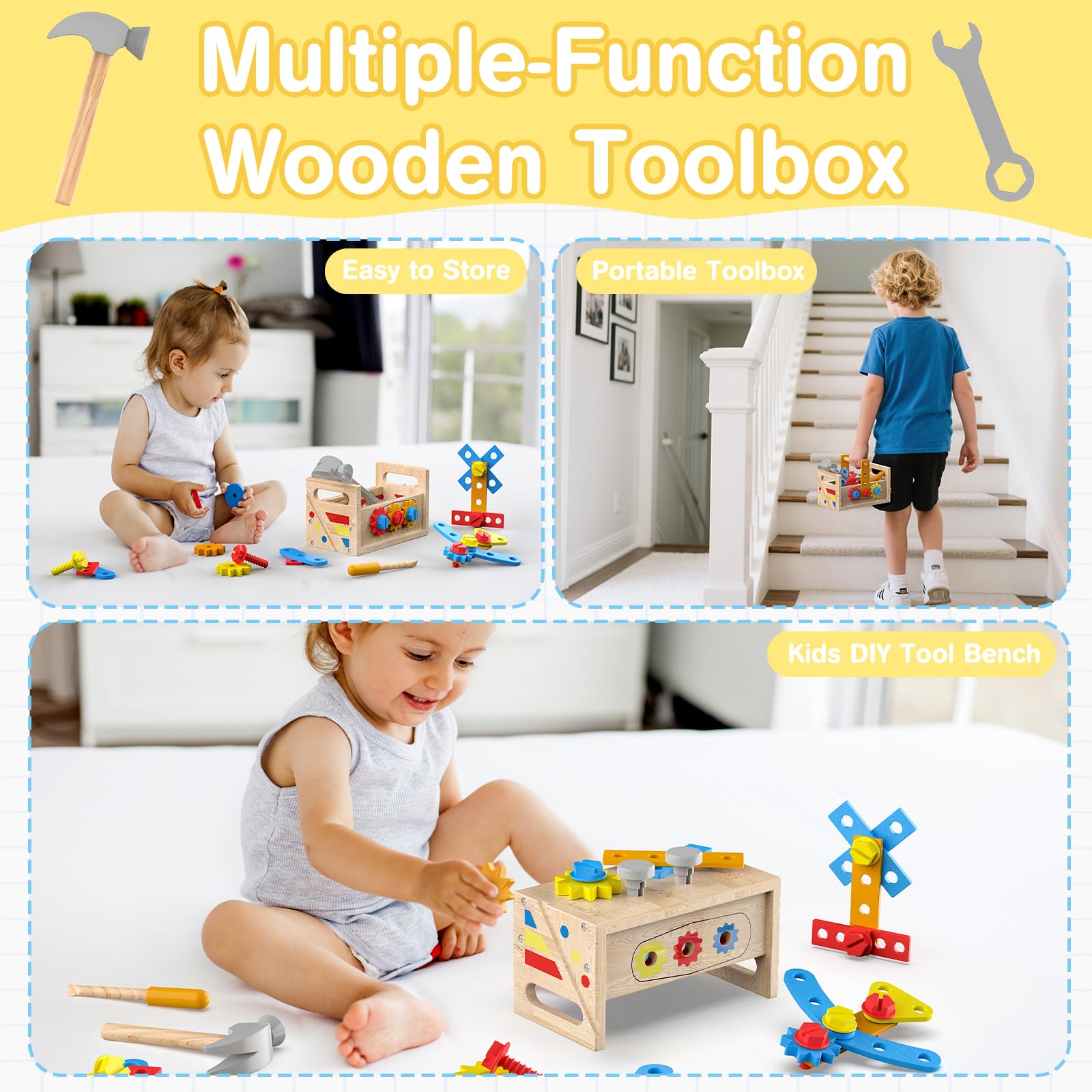 Drewniany zestaw narzędzi dla dzieci z fartuchem - Montessori Toys dla 2-letniego chłopca, ławka narzędziowa maluchów, edukacyjna zabawka konstrukcyjna STEM dzieci w wieku 2-4 lat, zabawa w od
