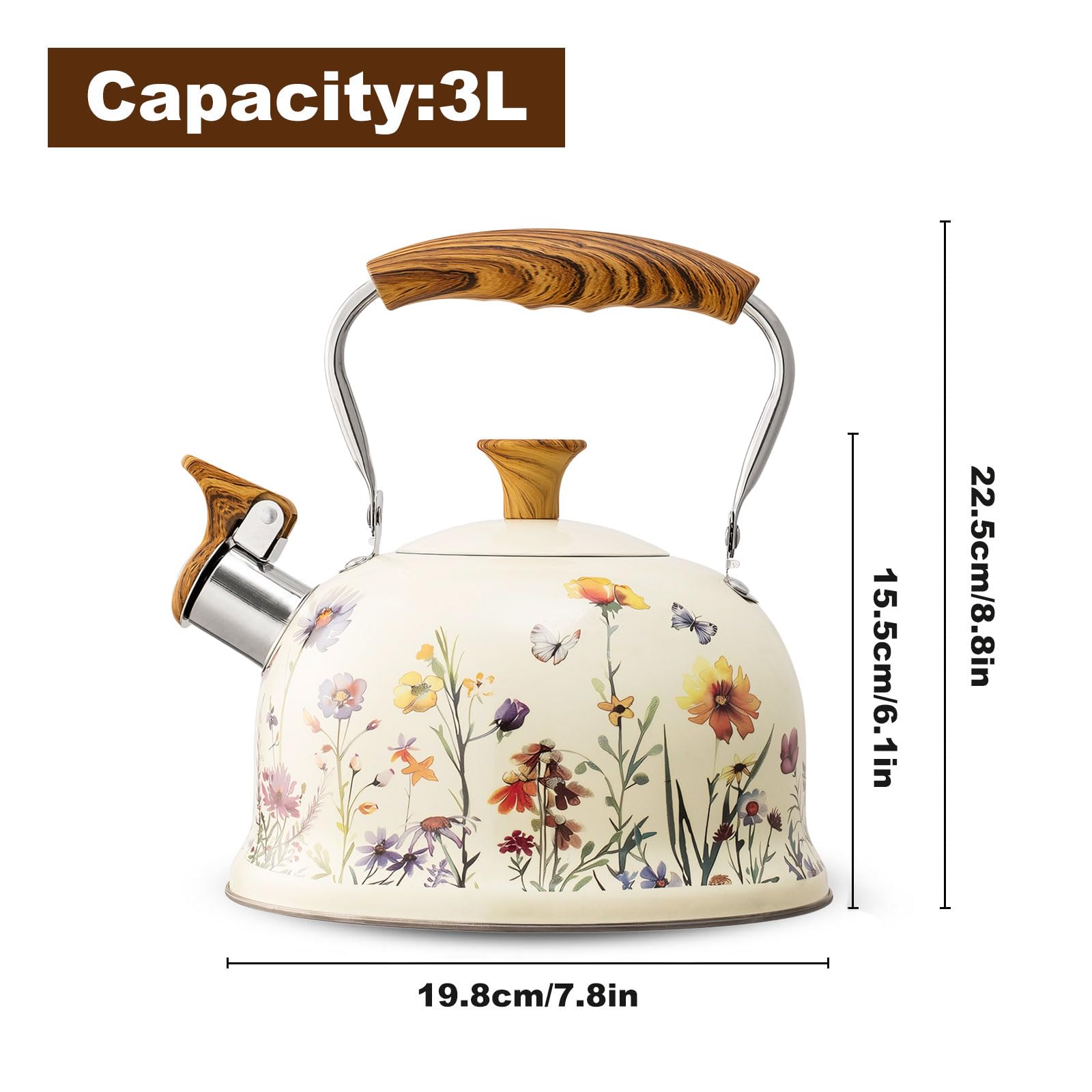 Wasserkessel aus Edelstahl (3L), Flötenkessel mit Einklappgriff, Wasserkocher für Induktion und Gasherd, Teekessel für Tee und Kaffee, Alle Kochplatten, (Weiß und Violett)