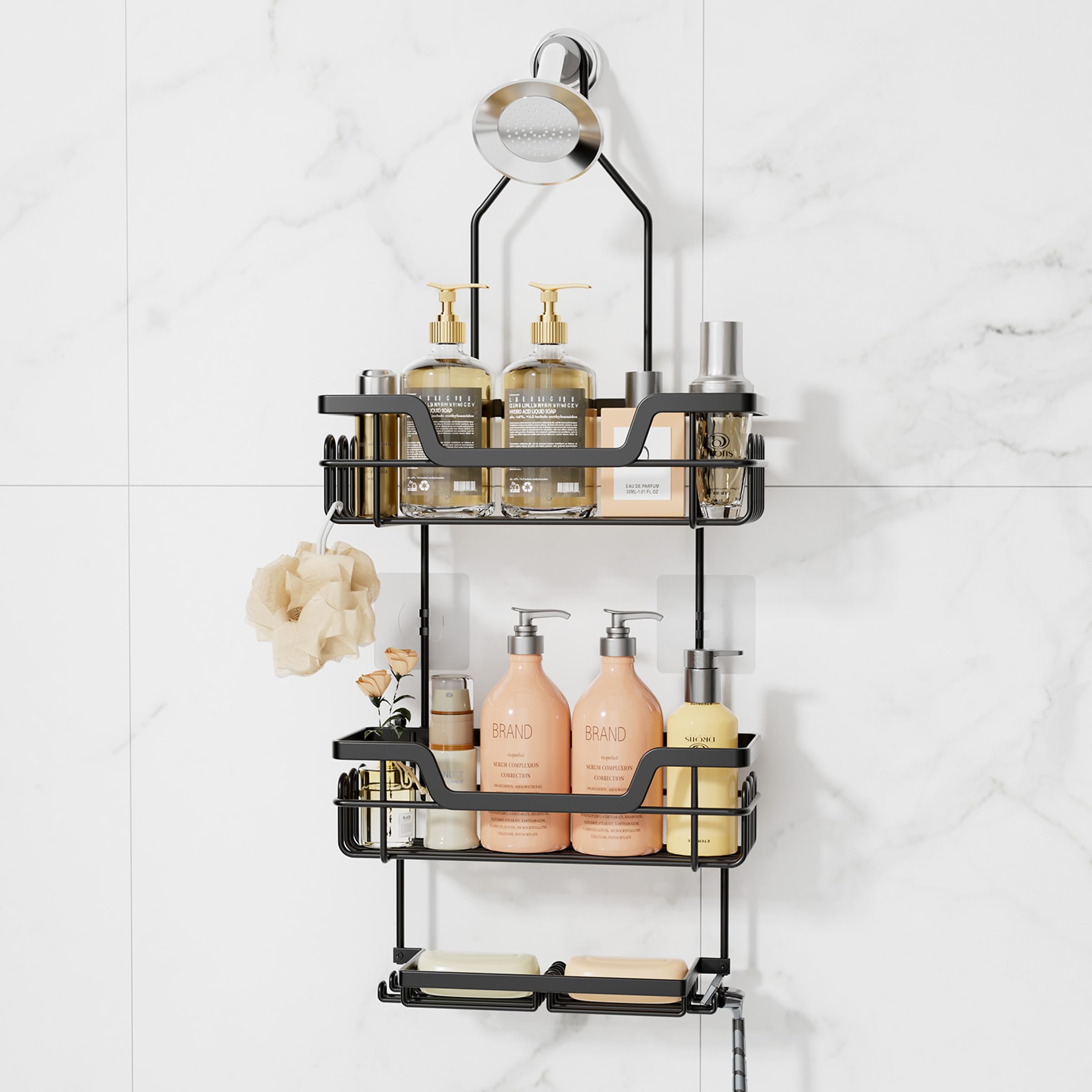 SWTYMIKI Bathroom Shower Caddy Hanging - 3 Tier Rustproof Over Shower Head Organizer, No Drilling Bathroom Shelf with 16 Hooks & Soap Holder, Anti-Swing Rack for Shampoo,Sponge,Towel, Black, Large