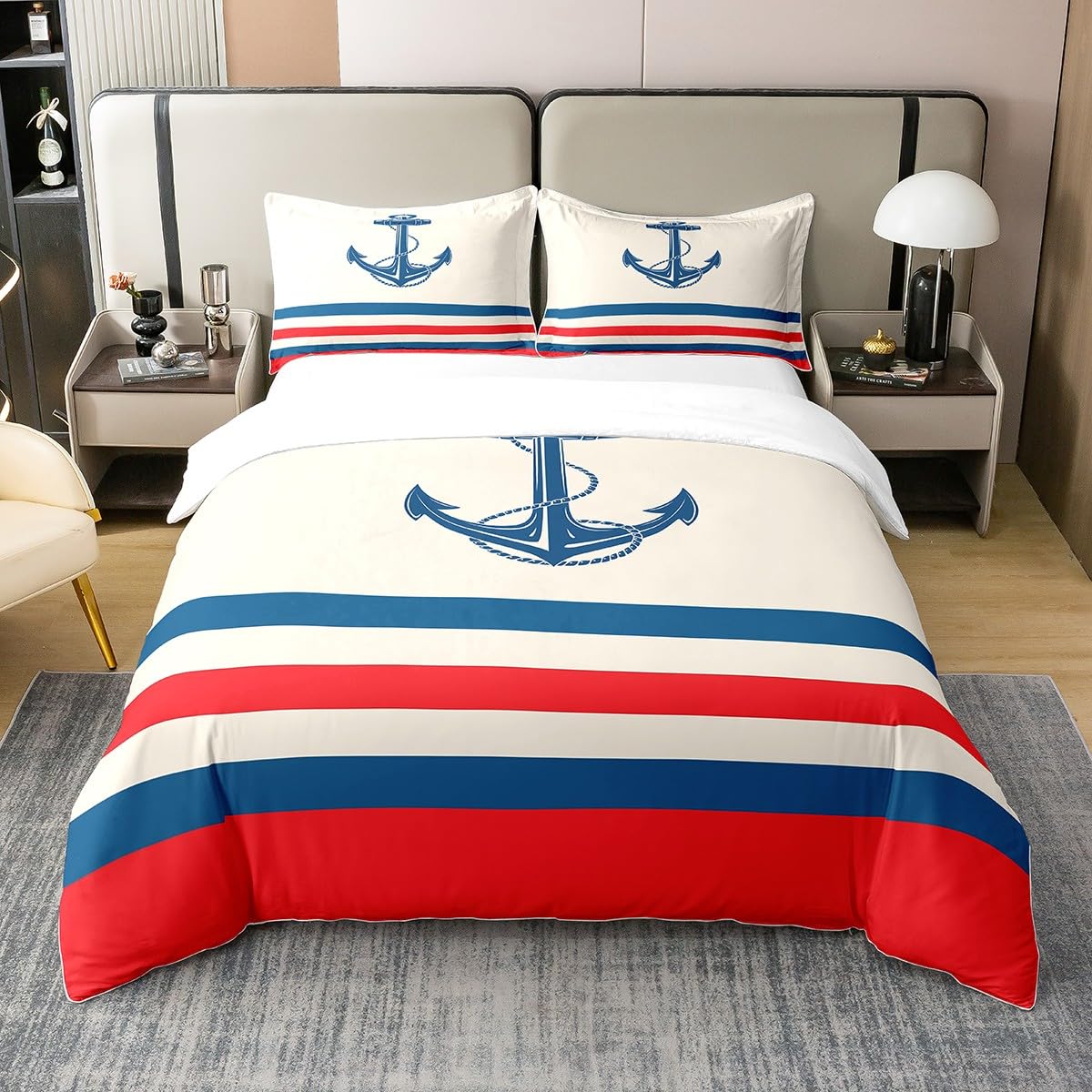 Homemissing Anchre Bettwäsche Set Nautik 100 % Baumwolle Bettbezug 200 x 200 cm Frauen Ultra Weich Versand Marine Bettwäsche Ozean Bettwäsche Set Schlafzimmer Bettwäsche