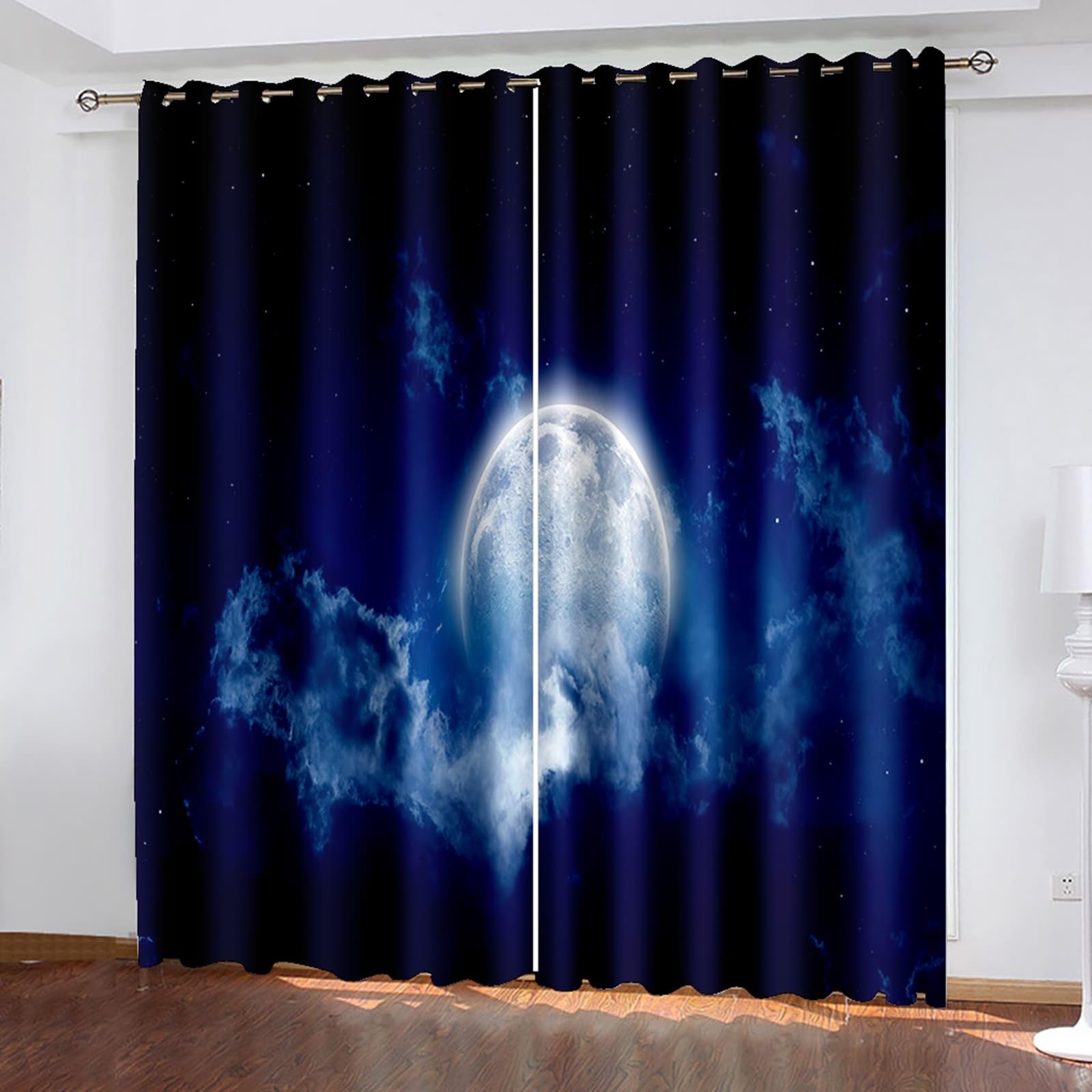 Cortinas modernas opacas para salón, 2 unidades, cortina elegante para ventana con anillos, diseño de paisaje de luna, cortinas elegantes para dormitorio, 152 x 274 cm (ancho x alto), azul