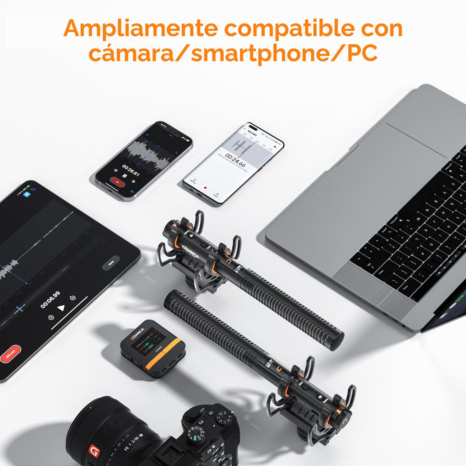 COMICA VM40 Inalámbrico Micrófono con Shotgun Mic, Grabación en Flotante de 32 bits, 32GB de Almacenamiento, Filtro de Corte Bajo, Micrófono para Cineastas, Entrevistas, Reporteros(Combo)
