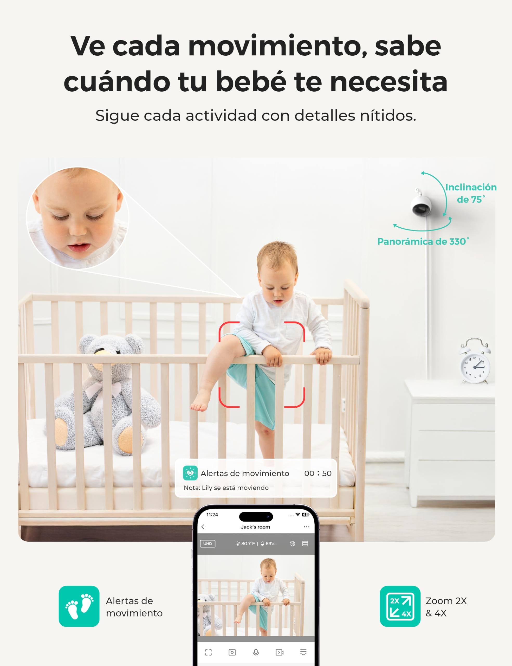 Dr.Care VistaView Lite WLAN Monitor Bebés Conectado, 1 Soporte Clip, 2 Cámaras, Pantalla Split 4'', Monitor 720P, Cámara 1080P, App, Visión Nocturna, Audio Bidireccional, Alcance 300m