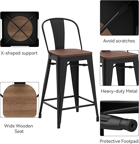 Miniatura 4 de HAOBO Home Taburetes de bar de 30 pulgadas de respaldo alto con asiento de madera [juego de 4] taburetes de bar de altura de mostrador, negro mate