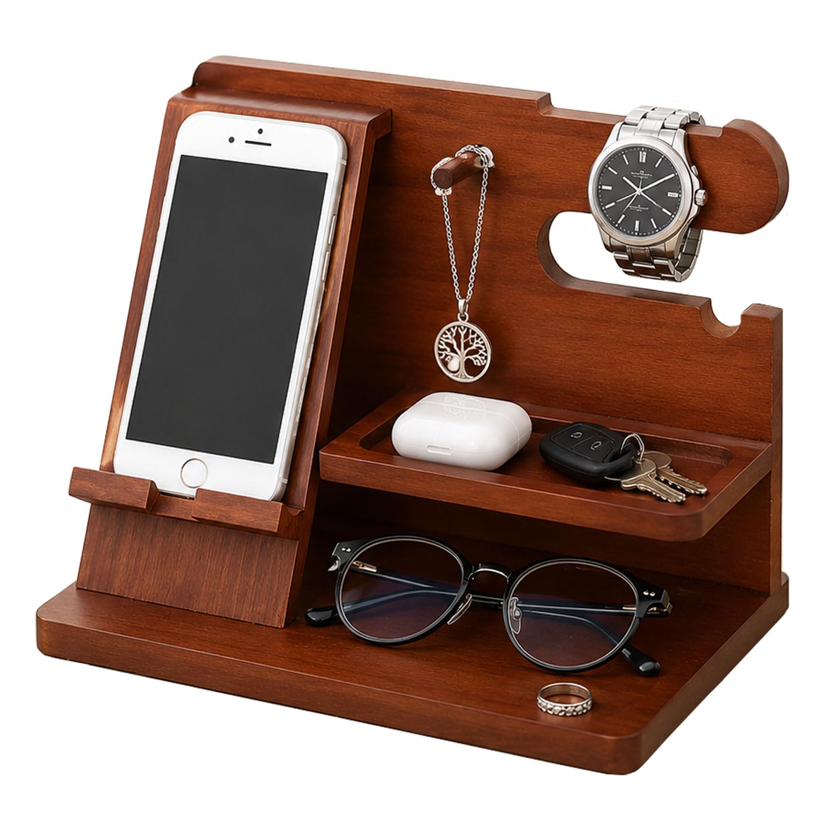 Pskjhn Men's Brown Wood Phone Stand And Valet Tray For Solid Wood Phone Docking Station For Watch, Keys, Earphones, Wallet, Jewellery And Glasses, Nightstand Desk Organiser For Hallway Bedroom Office