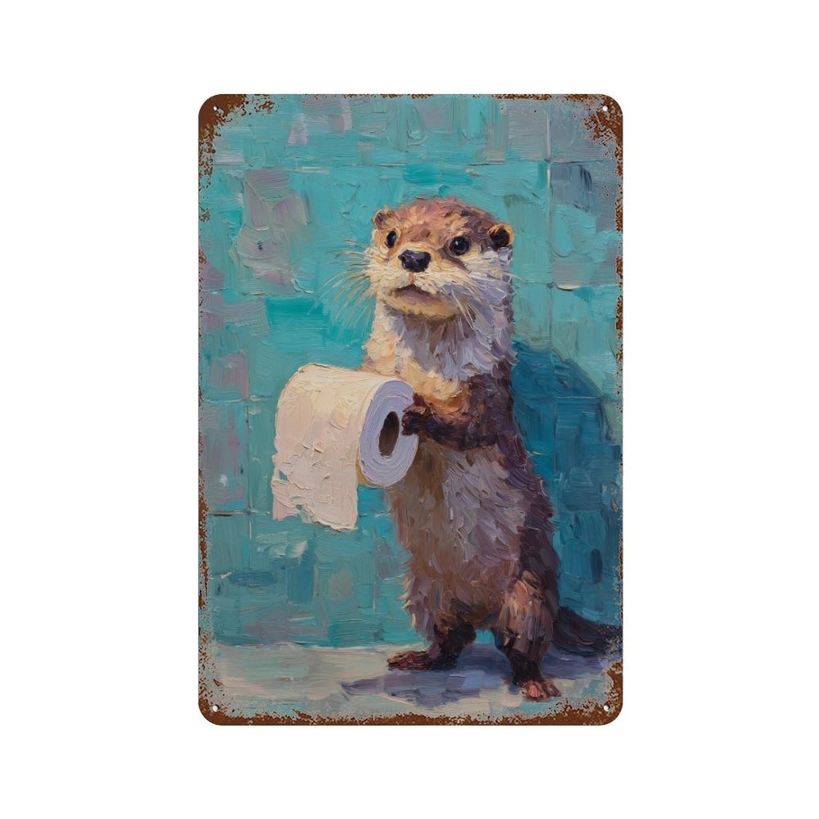 Otter with Toilet Paper Roll Aged Metal Wall Plaque 11.8"x7.9", Classic Wall Plaque for Garage, Pub Or Kitchen
