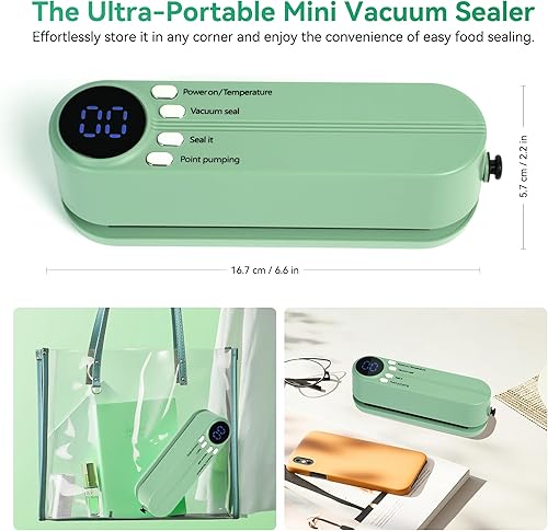 Miniatura 8 de Mini sellador al vacío portátil 3 en 1 recargable inalámbrico para almacenamiento de alimentos secos y húmedos, diseño portátil con 4 bolsas de