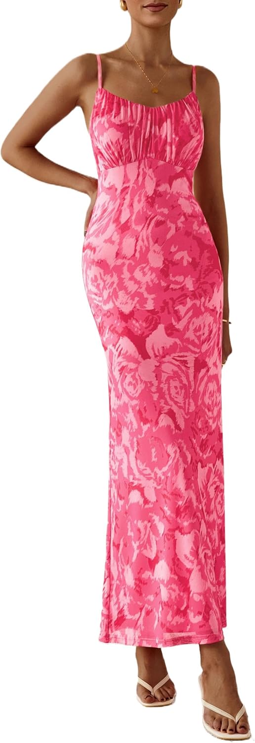 PRETTYGARDEN Women's Floral Bodycon Maxi Dress Summer Beach Sundress Sleeveless Spaghetti Strap Wedding Guest Dress - Image 5