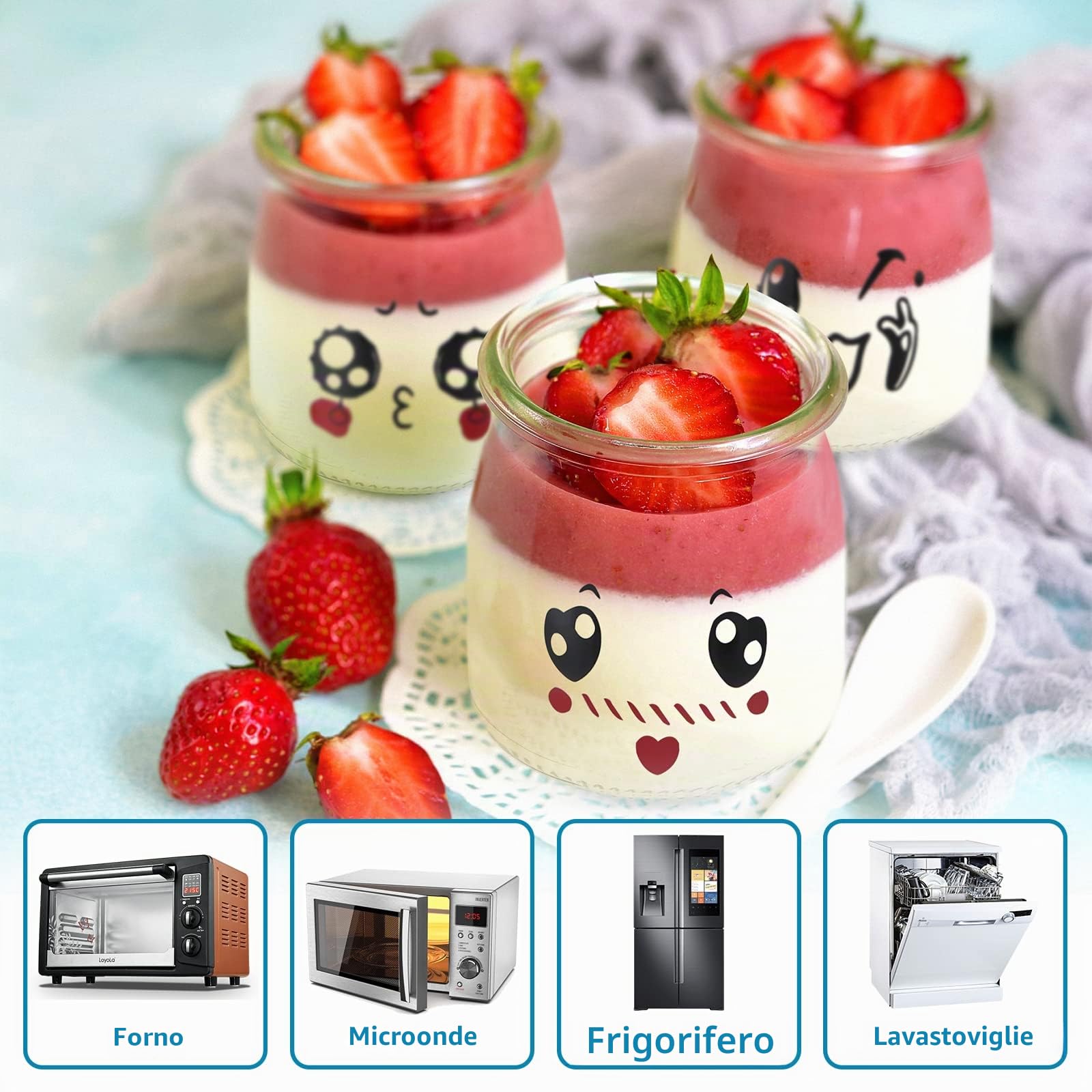 Skelang 12 pezzi vasetto di vetro per yogurt, vasetto per crema 200ML con coperchio in plastica, vasetti per dessert per conservare latte, creme brulee, mousse, marmellata, miele, yogurt, crema