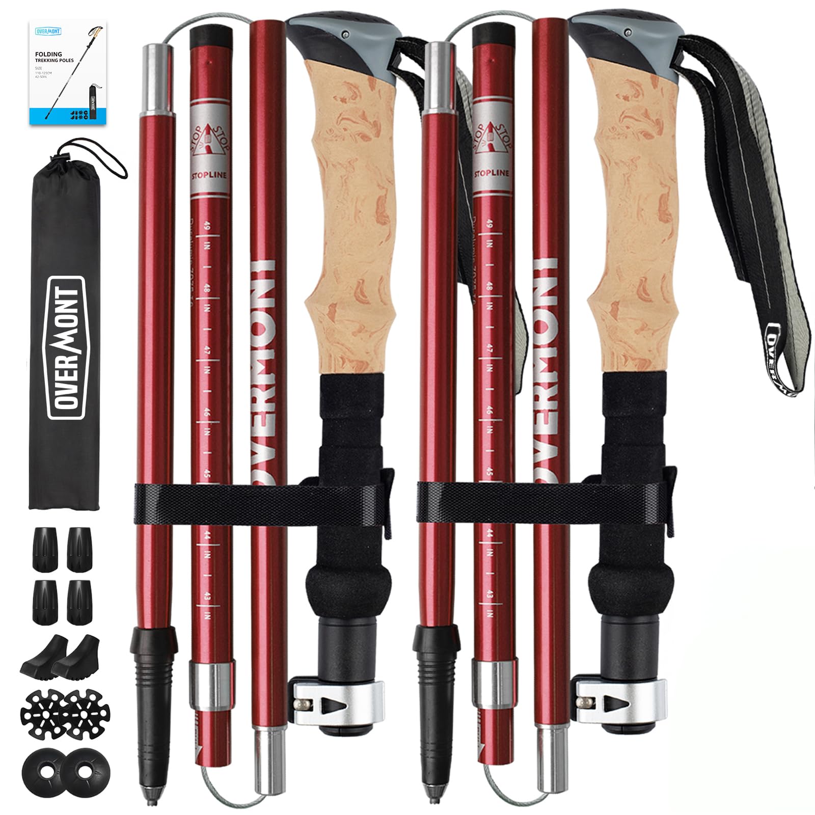 Overmont Wanderstöcke Faltbar Aluminium Ultraleicht - Verstellbar 105-125 cm Trekkingstöcke - Nordic Walking Stöcke 1 Paar mit All-Terrain Zubehör Rot