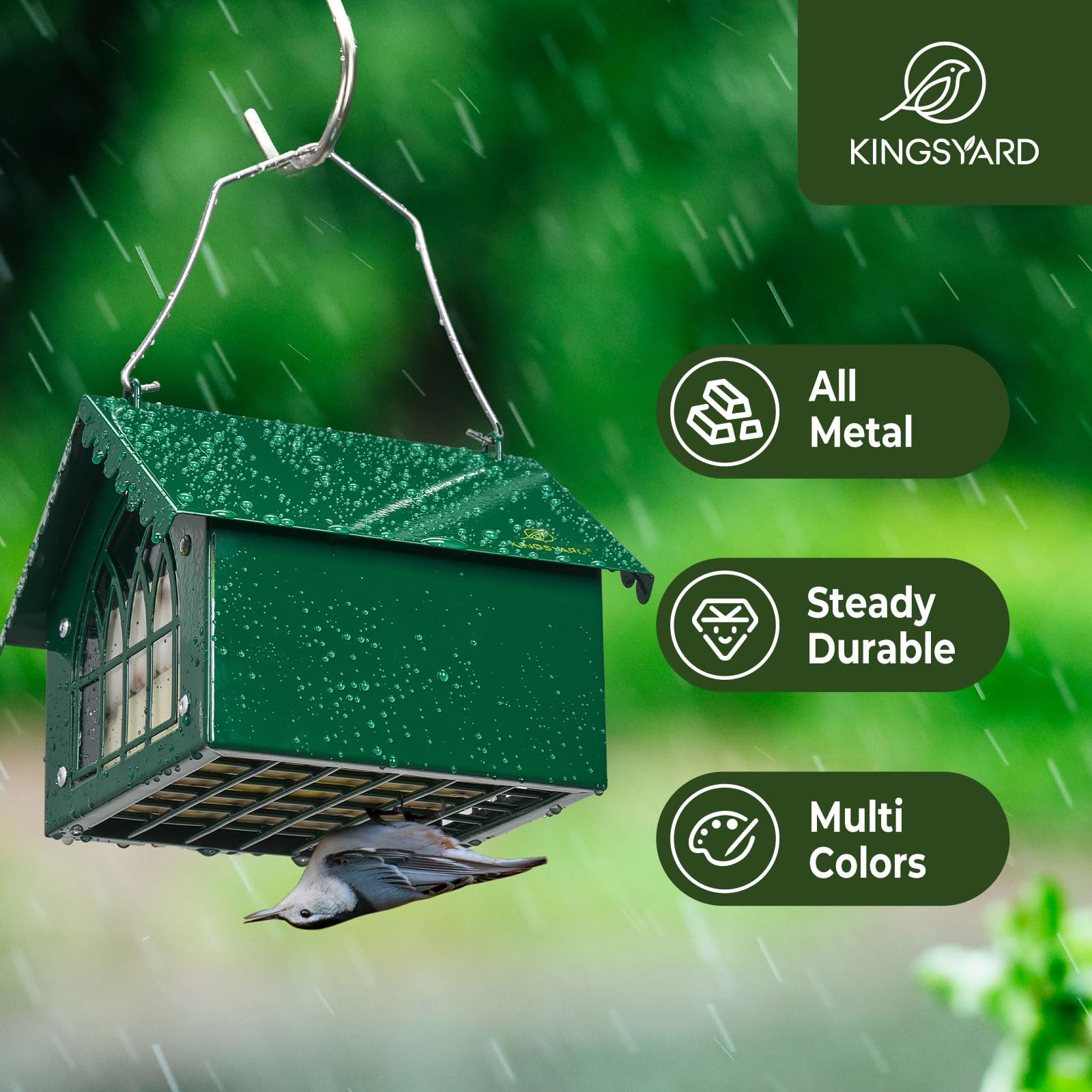 Kingsyard Comedero doble de sebo para pájaros con techo resistente a la intemperie, todo de metal, comederos de sebo boca abajo para colgar al aire libre, ideal para pájaros carpinteros, gallinero,