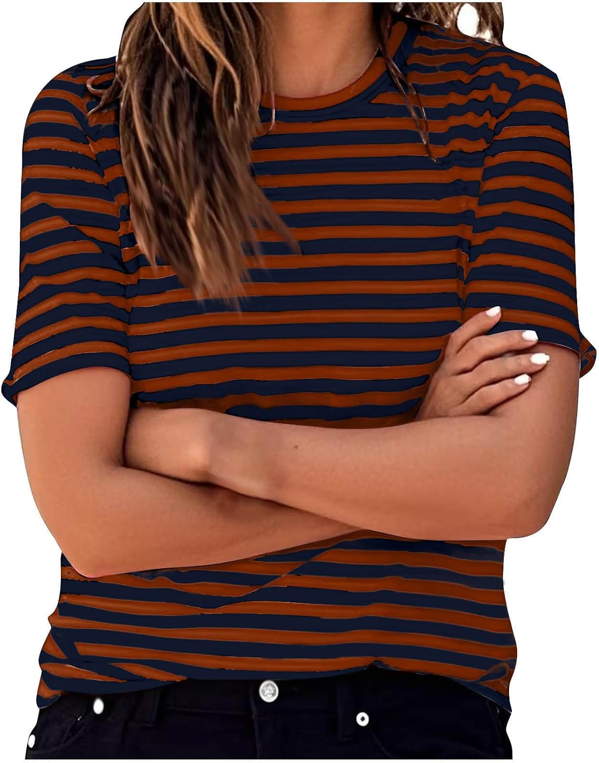 Women's Striped T Shirts Oversized Crewneck Short Sleeve Tops Summer Dressy Casual Blouse Color Block Basic Tees