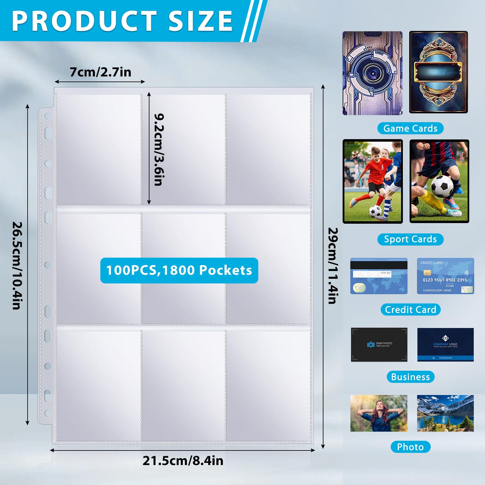 AOBOPLE 1800 Pochettes pour Cartes, Plastique Sleeves Pochettes Transparentes pour Cartes à Collectionner, Double Face, Trading Card Sleeves pour Protéger les Photos (100 pages)