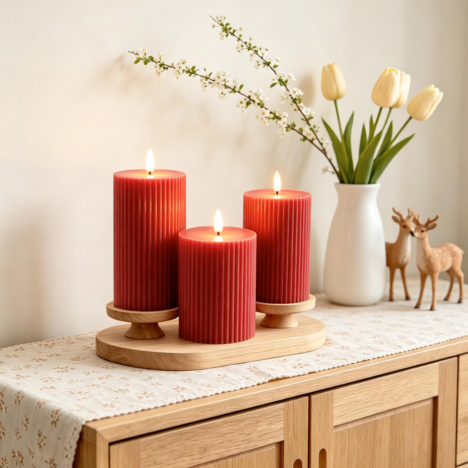 Set di 3 Candele LED, Candele Flickering Flameless, LED tea lights Tremolante con Telecomando e Funzione Timer, Finte a Batteria Stoppino di Candela 3D per Festa/Matrimonio/Hotel (Rosso)