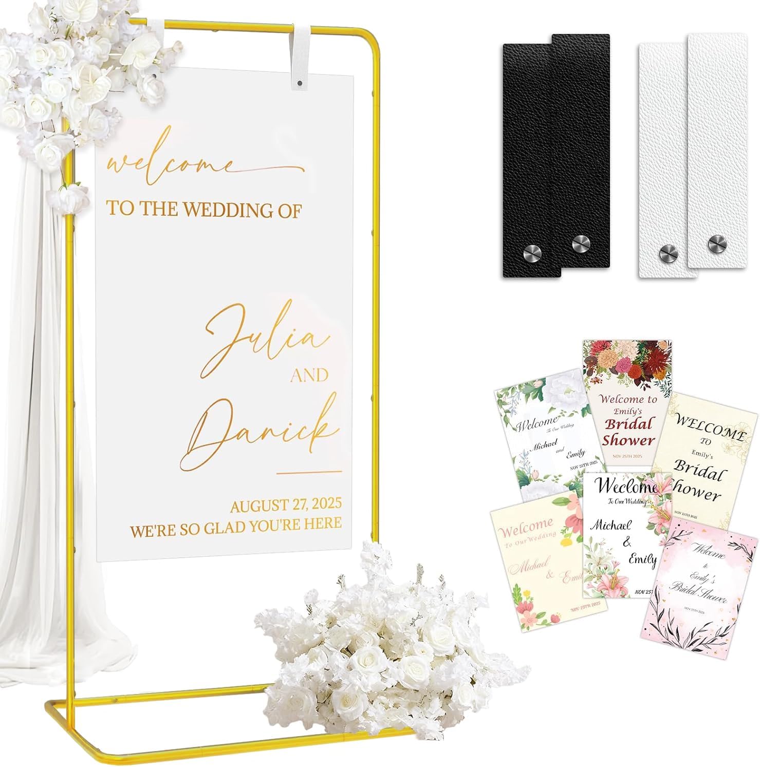 Wedding Welcome Sign Stand with Design Bundle & Leather Straps, 68”Adjustable Wedding Sign Holder, Welcome to Our Wedding Sign Stand for Wedding, Party, Poster, Menu and Seating Chart