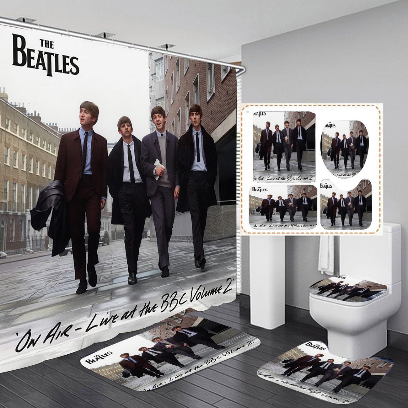 Badezimmer-Duschvorhang-Set, Beatles, Badezimmer-Dekoration, 72 x 72 cm, 4-teilig | WC-Deckelbezug und Badematte, rutschfeste Teppiche, langlebig und wasserdicht, Badezimmer-Dekor-Set