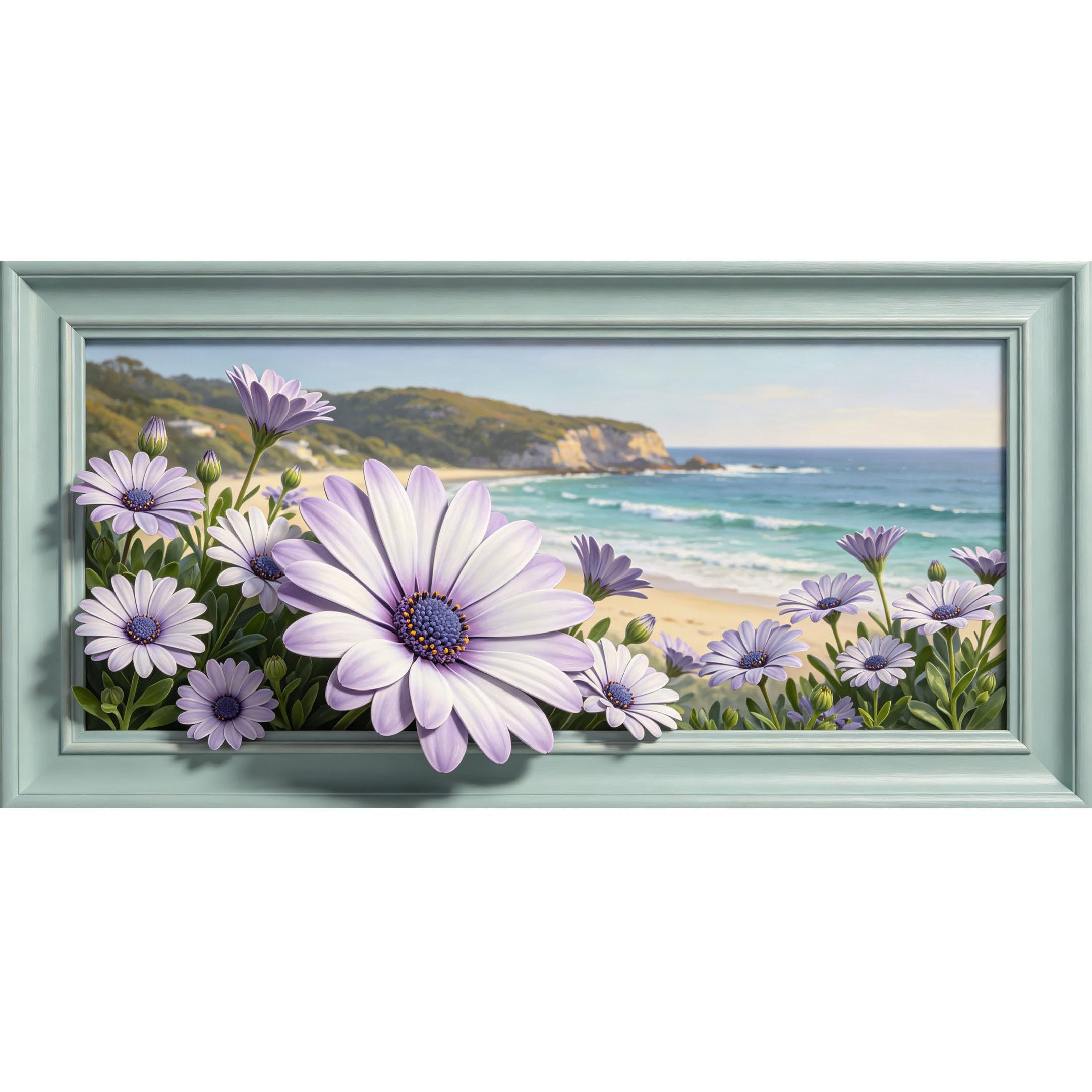 Agglomerix 3D Framed Wall Art Coastal Daisy Ocean Beach Botanical Watercolor Large Size Self-Adhesive Removable Wall Decor Prints Artwork for Living Room Bedroom Office