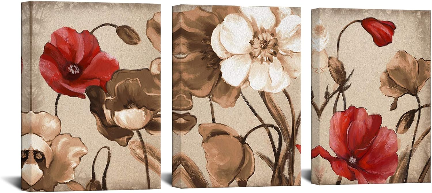 Biuteawal Vintage Wall Art Brown Flowers Painting Bedroom Wall Decor 3 Pieces Canvas Print Brown Blossom Floral Pictures Abstract Artwork Bathroom Living Room Decoration Framed Ready to Hang