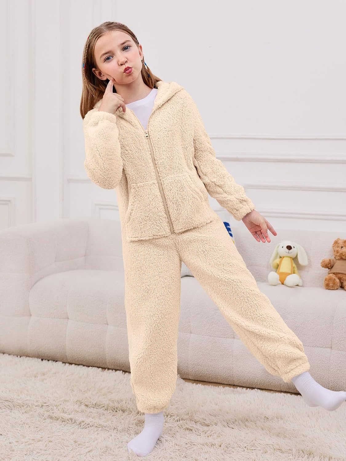 rrhss Girls Sherpa Fleece Onesie Pajamas Kids Zip-Front Animal One-Piece Hooded Sleepwear 5-14 Years - Image 4