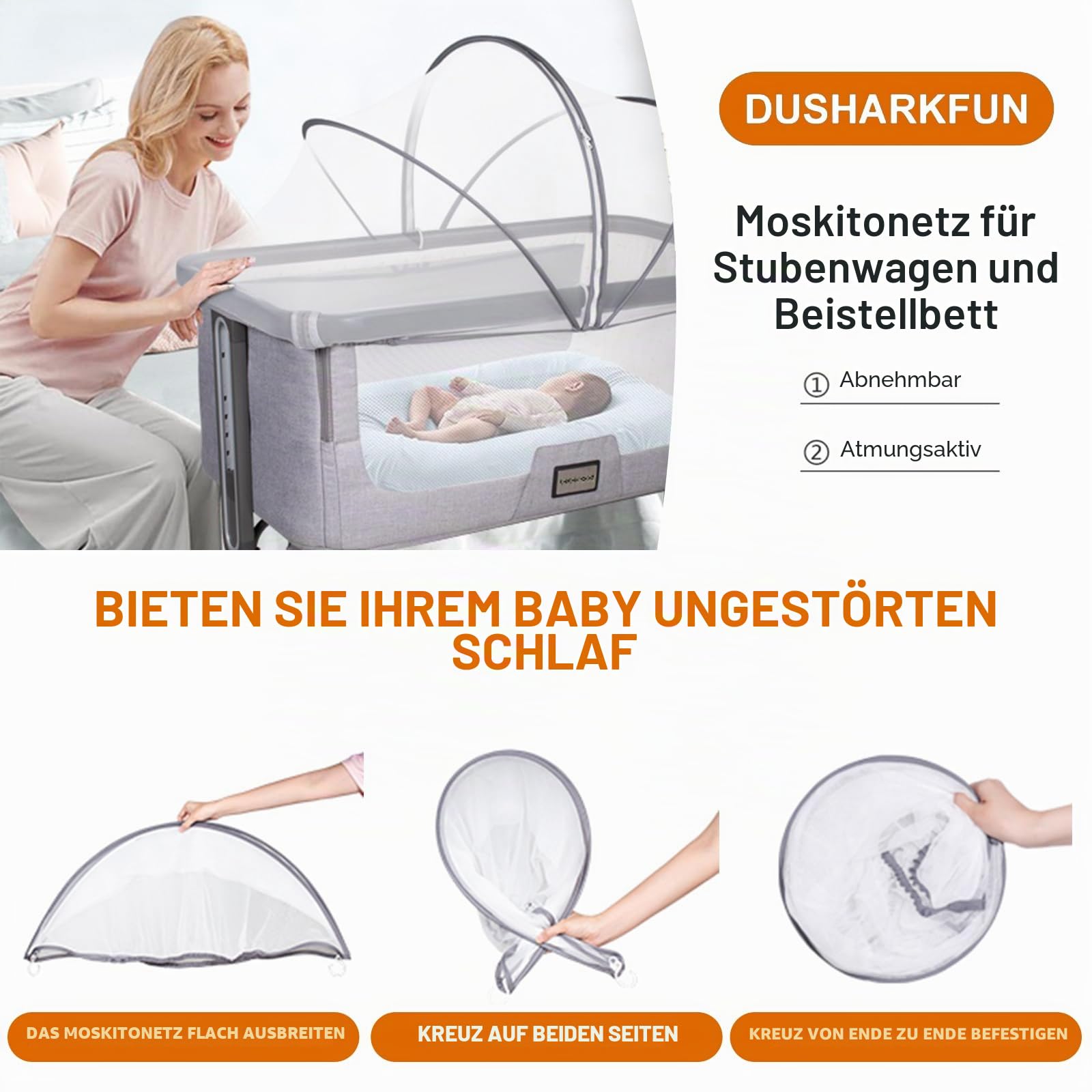 Universelles Moskitonetz für Reisebett, Gitterbettabdeckung mit Leisem Reißverschluss für Betten, Einfacher Zugang, Feinmaschiges Netz für Babys, 100×55×55CM (Weiß)