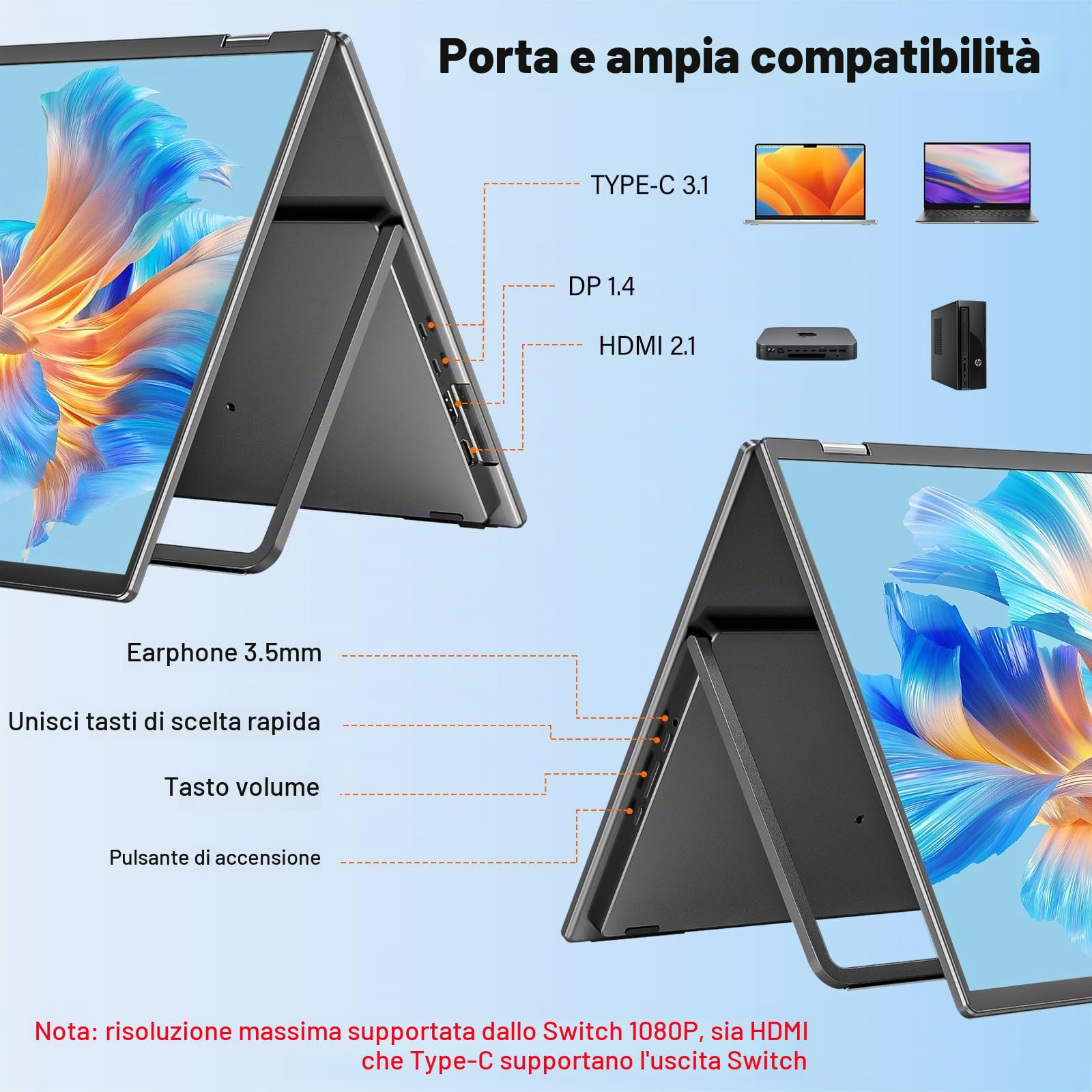 InnoView Doppio monitor portatile da 23,8 pollici, 100% sRGB 3840 x 2160P, 4K 315°, regolabile, doppio impilato, pieghevole, prolunga di visualizzazione con HDMI/USB-C/DP per laptop Windows Mac