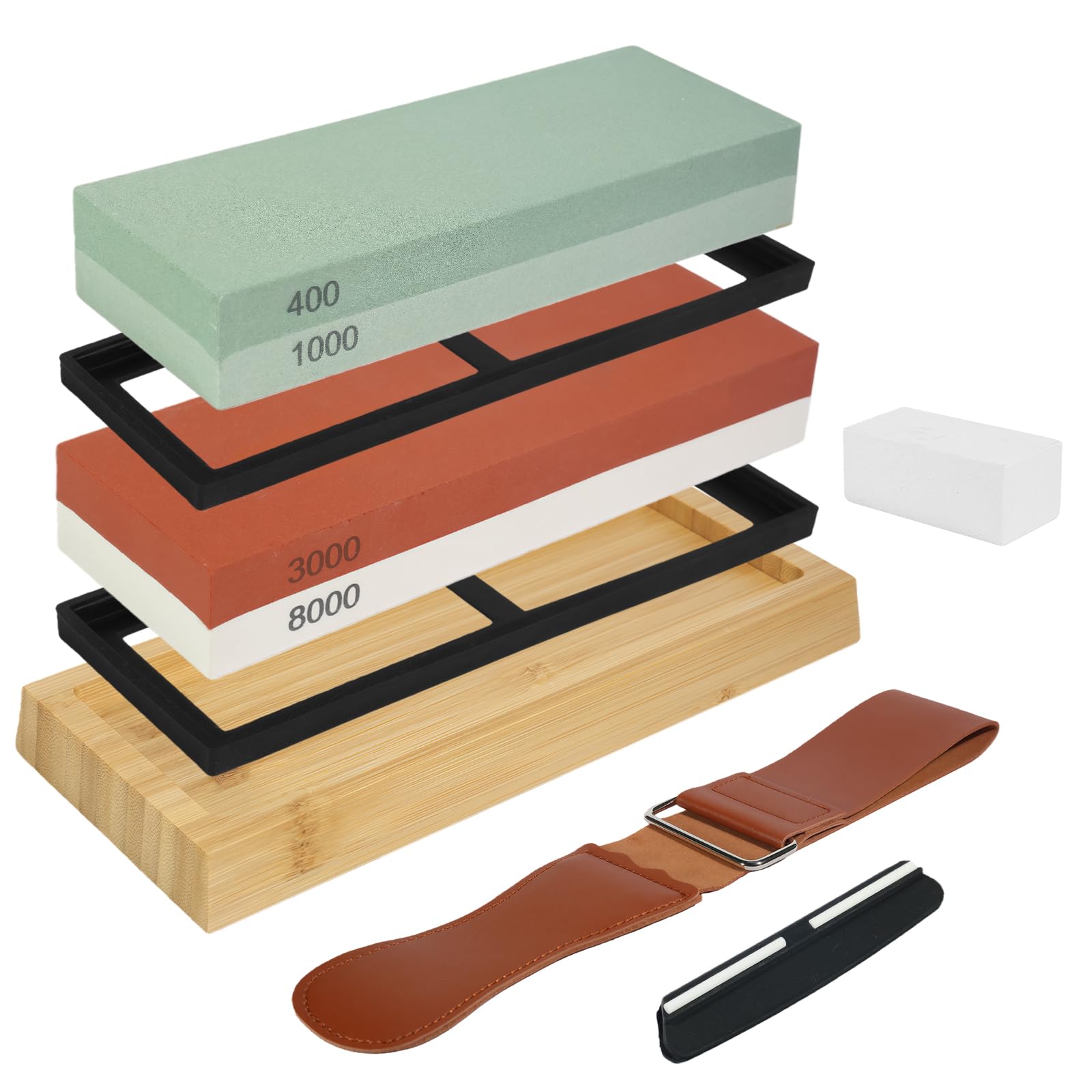 Pietra Affilacoltelli 400/1000 e 3000/8000, 8-in-1 Pietra Affilatura, Pietra per Affilare, Kit con Cote per Affilare coltelli, Grana Giapponese Pietra, Supporto in Bambù Antiscivolo, Guida Angolare