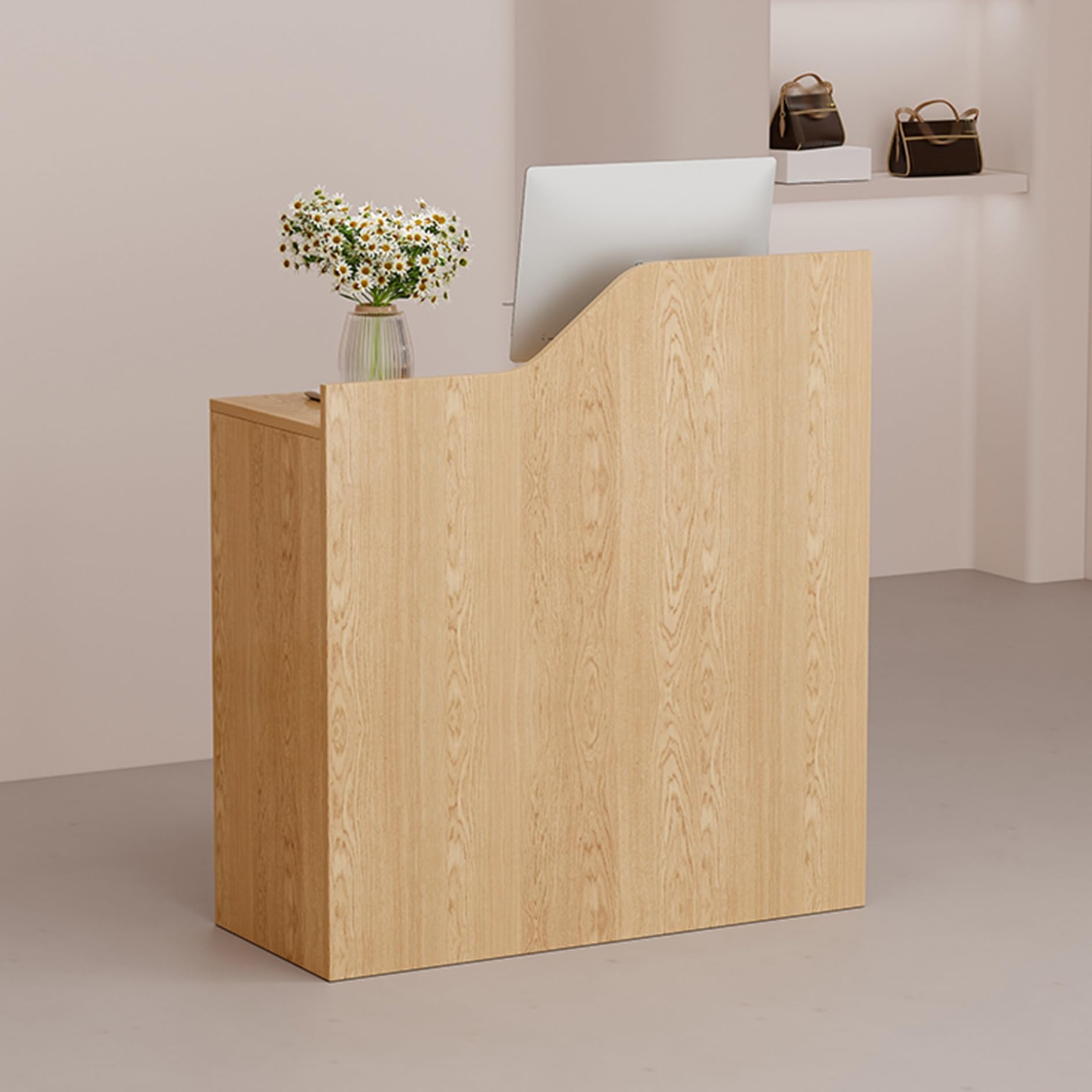 Bureau de réception élégant et moderne avec comptoir de rangement, idéal pour les salons de coiffure et les magasins de détail, station enregistreuse avec design esthétique et fonctionnel.