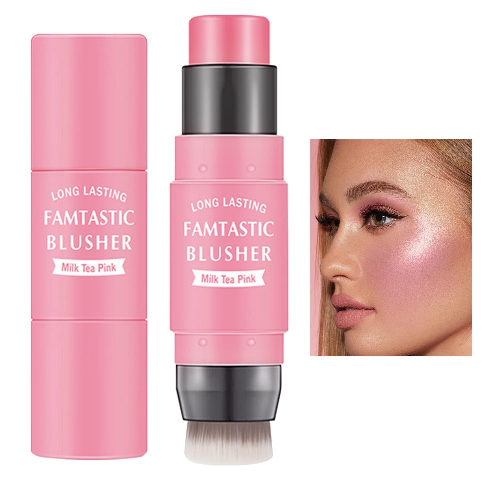 Cream Blush Stick with Brush, Waterproof Multi Cream Makeup Stick, Lightweight, Long-lasting, 2 in 1 Multi Blush for Cheeks & Lip Tint & Eyeshadow Makeup(#01 Milk Tea Pink)