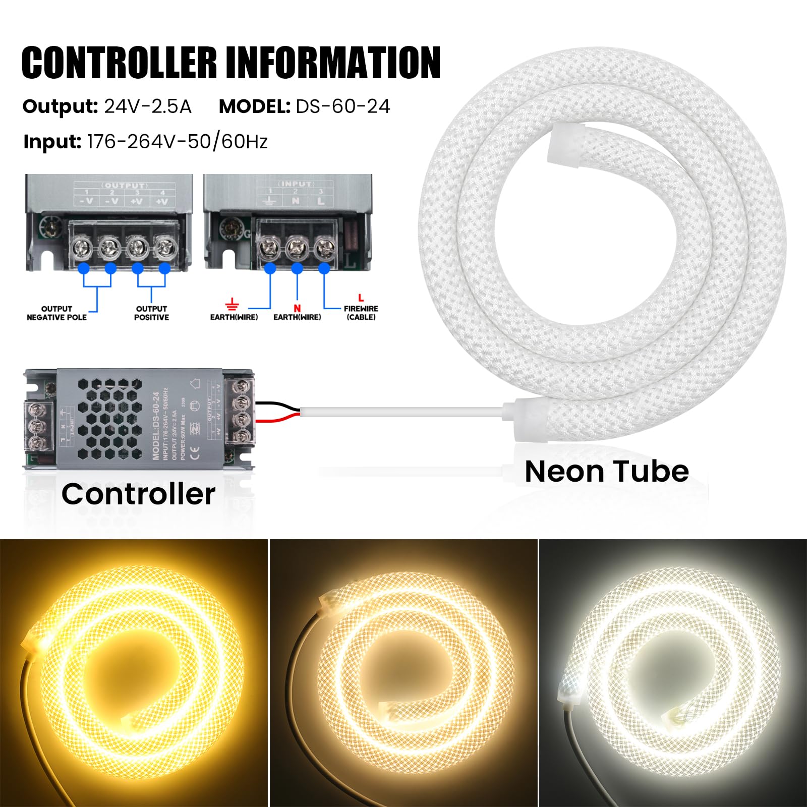 KISUFU 24V Neon Rope Strip, 2835 360 degrees Circular mesh IP67 Waterproof Flexible Neon LED Strip with 24V 60W iron shell power supply AC176-264V for DIY Home Bedroom Indoor Outdoor Decoration.