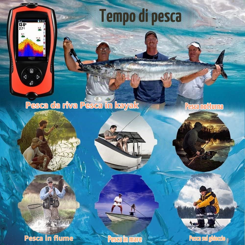 LUCKY Fish Finder Portatile Dispositivo Rilevatore di Pesce Rilevatore di profondità Portatile per Boat Kayak Canoe Pontoon Tubi galleggianti per Moto d'Acqua Jon Boat