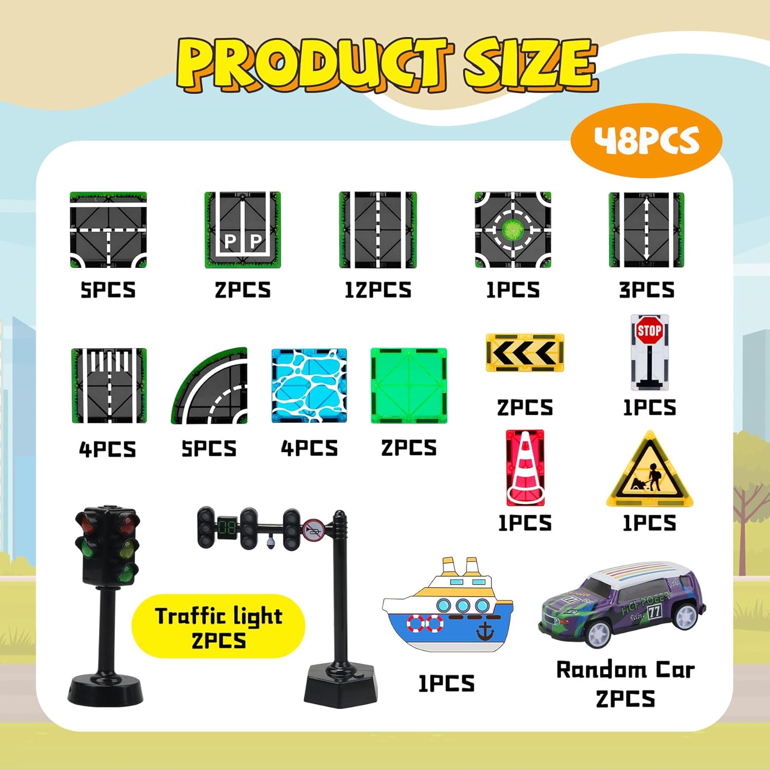 Magnetic Tiles Road Set with Pullback Car & Magnet Ship,Traffic Themed Magnetic Building Tiles Set with Traffic Light,STEM Magnet Tile for Kids Ages 3-5 4-8 5-7,Preschool Educational Kids Toys Gifts