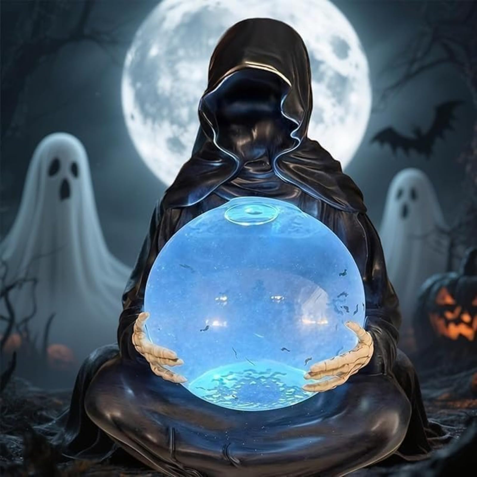 Statua Ponurego Żniwiarza z Latającymi Nietoperzami Kryształowa Kula Nowy Halloween LED Light Ponury Żniwiarz Świecące Kryształowe Kule, Figurka Śmierci Boga Halloween, Tajemnicza Figurka Nietoperza
