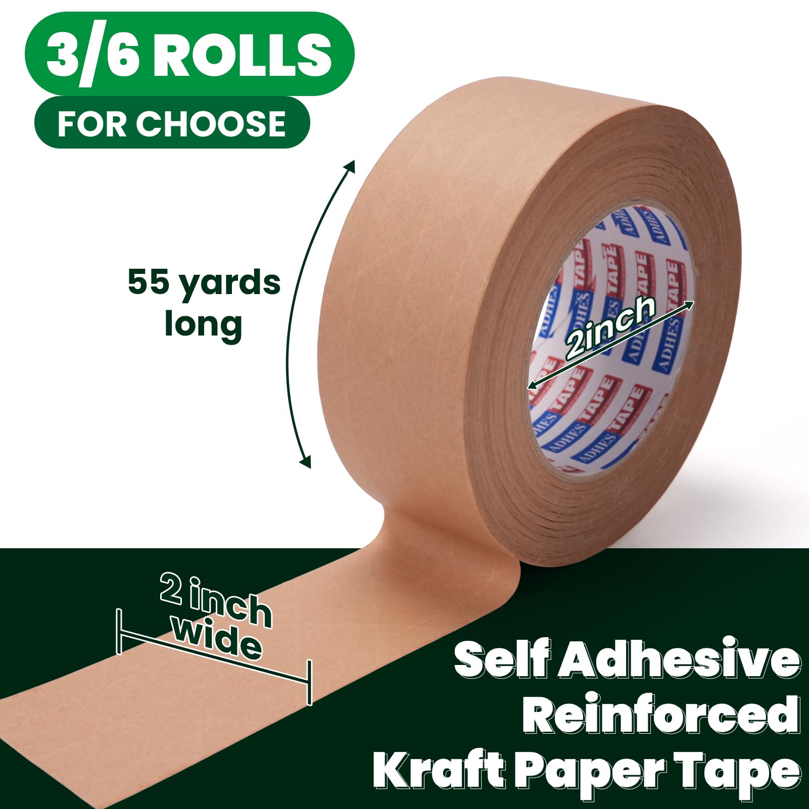 ADHES 6 Rollos 50mm x 50m Cinta Adhesiva Cinta KraftReforzada con Fibras, Autoadhesiva Cinta de Embalaje de PapelKraft Marron para Transporte Ecologico Movil