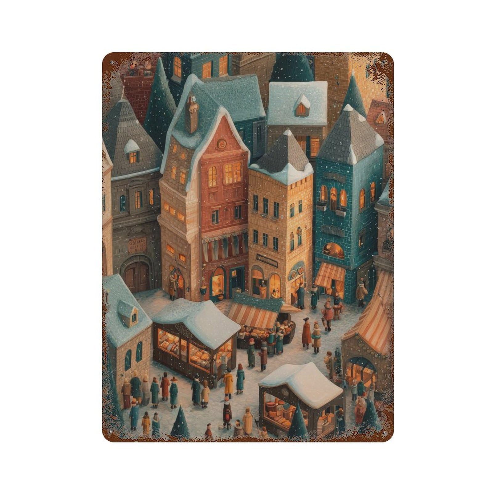 xiaoxiaoshen Winter Market Scene. Cozy Illustration Snowy Town Wall Decor Art Metal Tin Poster Modern Home Decor Art Home Bar Shop Decorations Vintage Sign 40x30cm