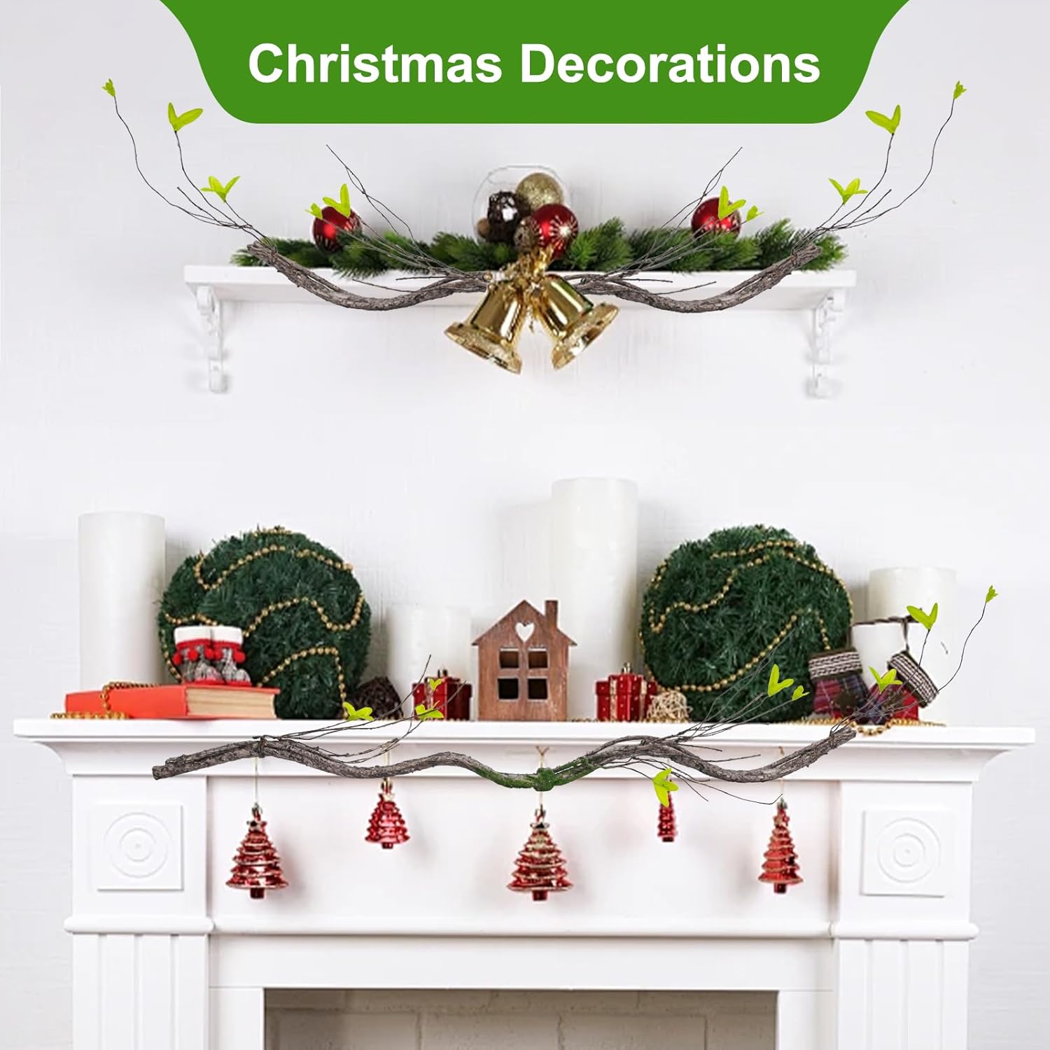 3Pcs 35in Artificial Tree Branches, Realistic Wall Hanging Bendable Tree Vines Twigs Fake Plants Tree Trunk Garland with Leaves Moss for Outdoor Garden Wedding Home Wall Porch Mantel Decoration