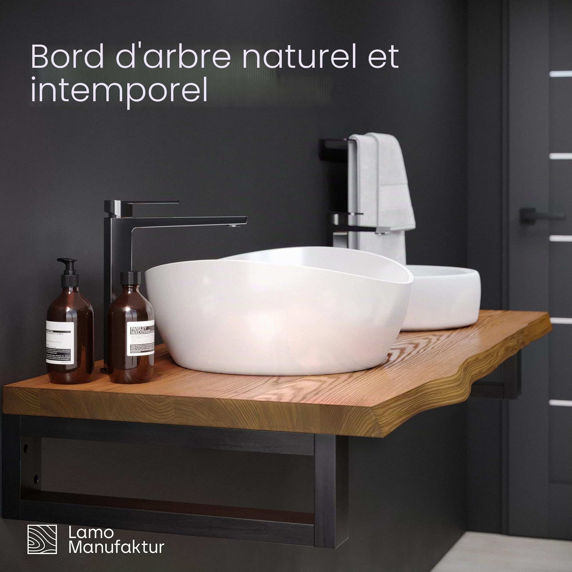 LAMO Manufaktur Plan vasque en bois, plan sous vasque salle de bain, plan de toilette, plan suspendu, bord naturel irrégulier (sans kit de fixation), 160x50 cm (L x H), Rustique, LWP-01-A-003-CO
