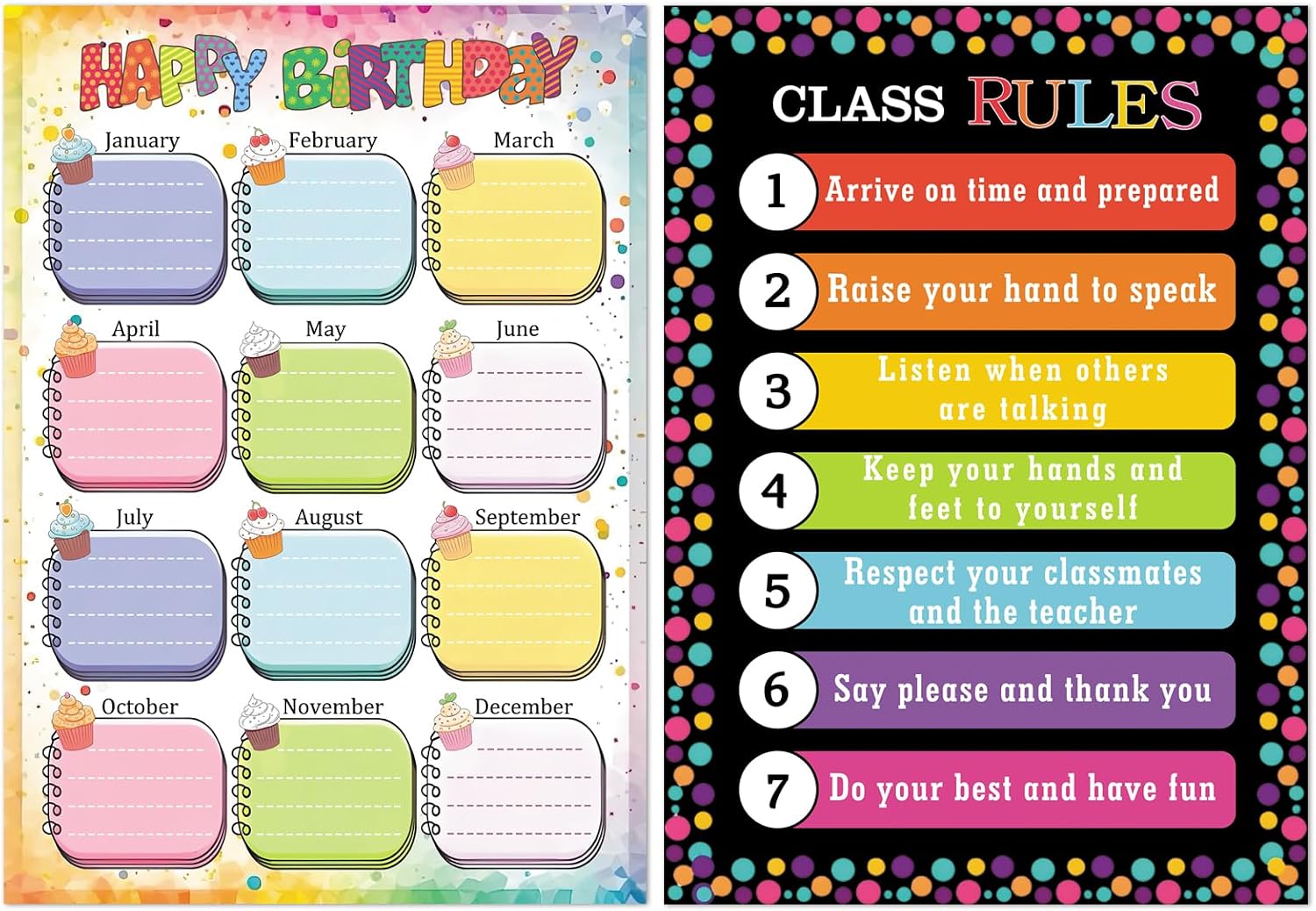 Hoblynth Happy Birthday Chart and Class Rules Chart Poster for Classroom Decorations Teaching Charts for Bulletin Board Decorations Back To School Teacher Supplies