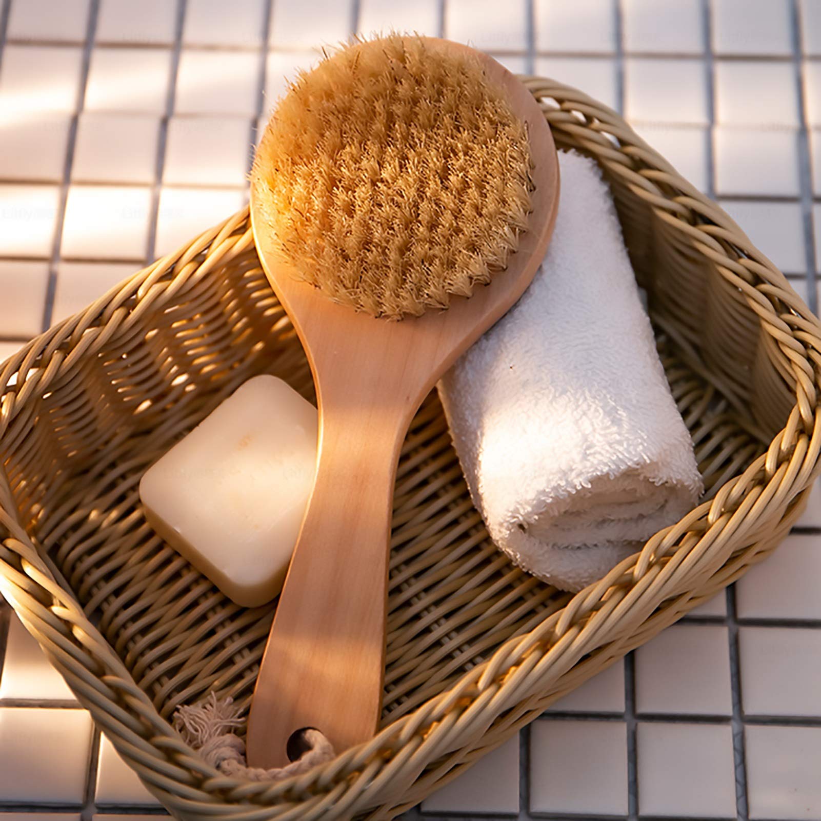 Szczotki do kąpieli - Naturalne włosie Drewniany uchwyt Szczotka do kąpieli pod prysznic Szczotka do masażu skóry z krótkim uchwytem Szczotka SPA Akcesoria do kąpieli
