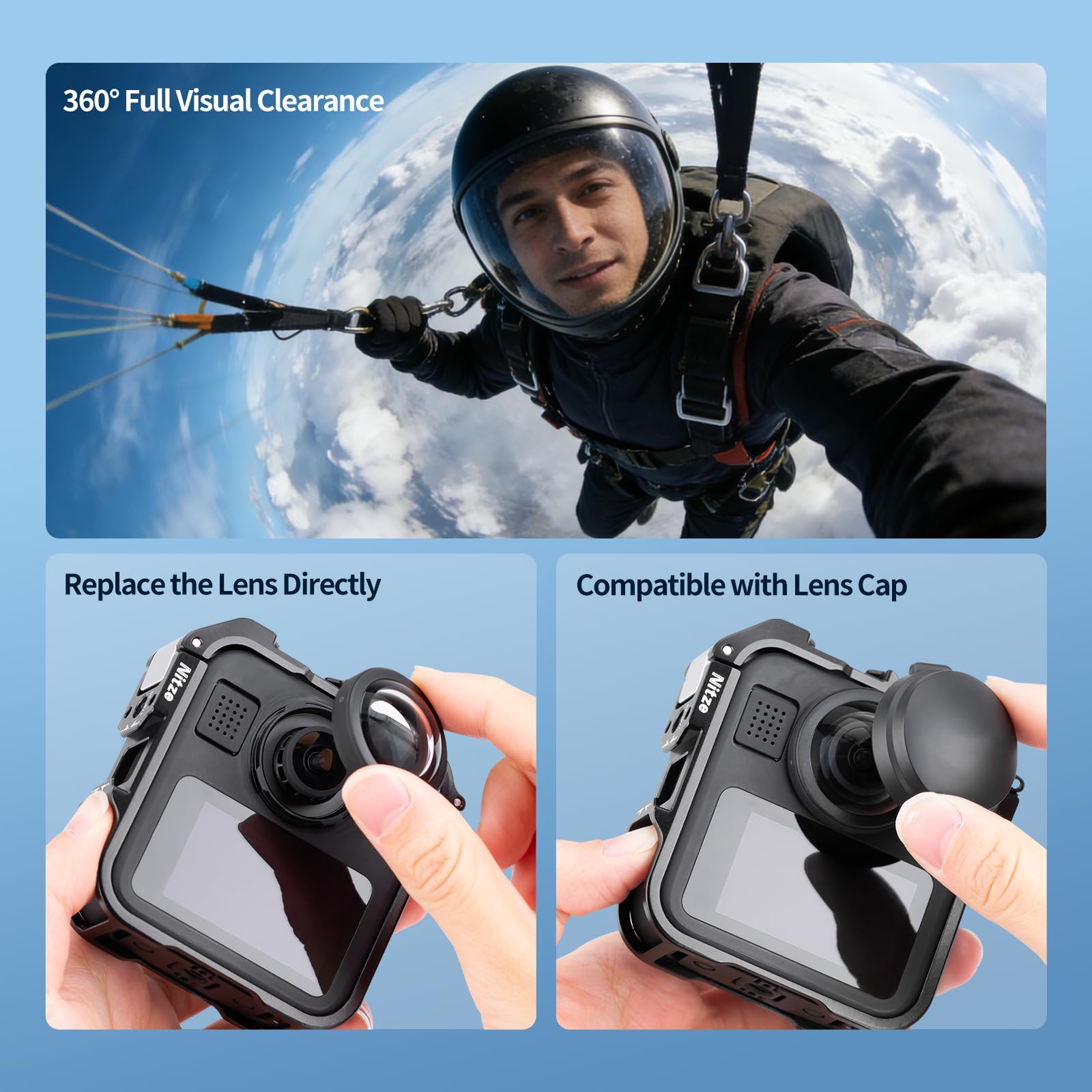 Nitze Cage pour Caméra GoPro Max 2, Cage de Protection en Alliage d'Aluminium avec Griffe Intégrée et Trou de Positionnement 1/4" pour Microphone et Lampe LED - T-GP04A