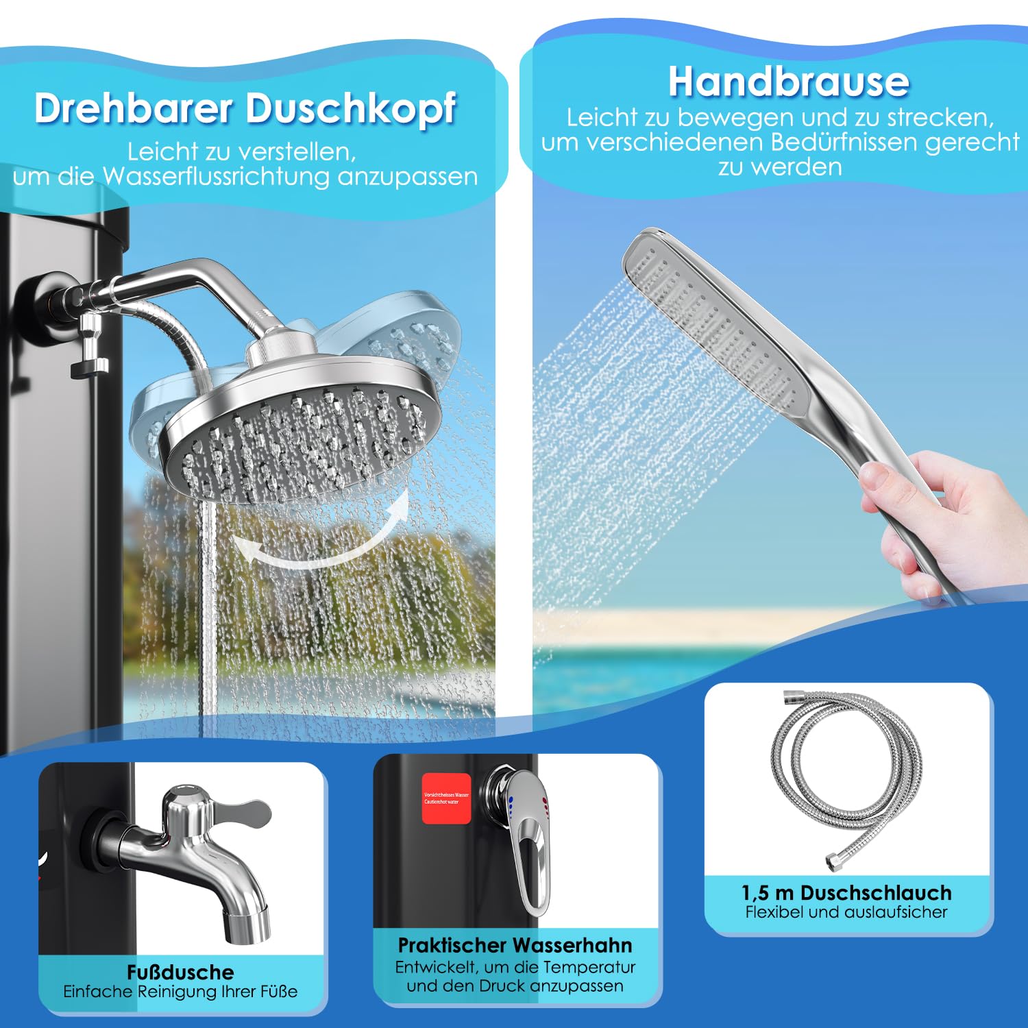 EGO INTERIORS Solar Dusche 60 Liter - Garten Dusche Mit Thermometer & Regenduschkopf