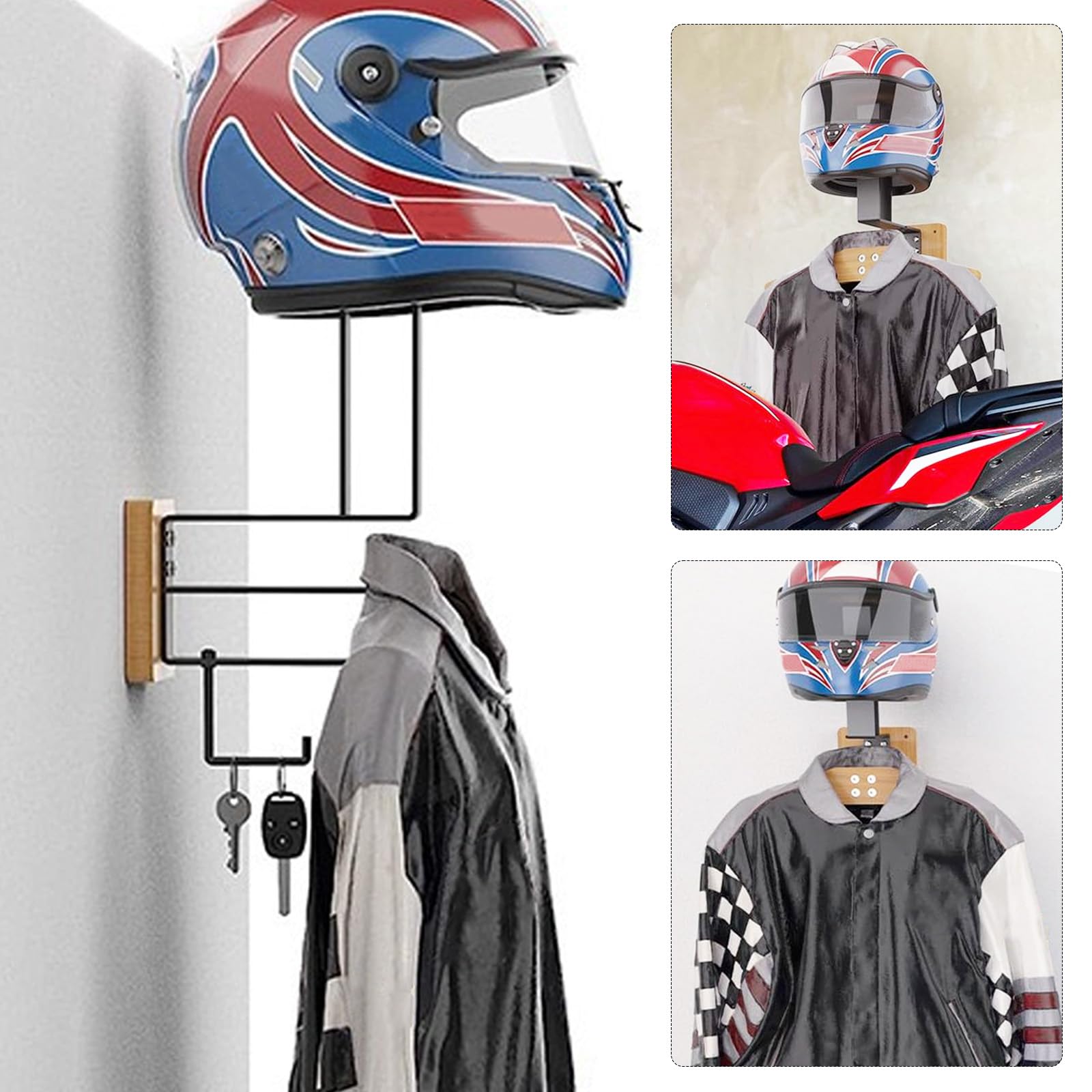 Support Casque Moto, Porte Casque Moto Mural pour Accrocher Le Casque et la Veste de Moto au Mur Porte Manteau Moto Porte-Casque Mural en Bois Organisateur Mural Polyvalent pour Moto