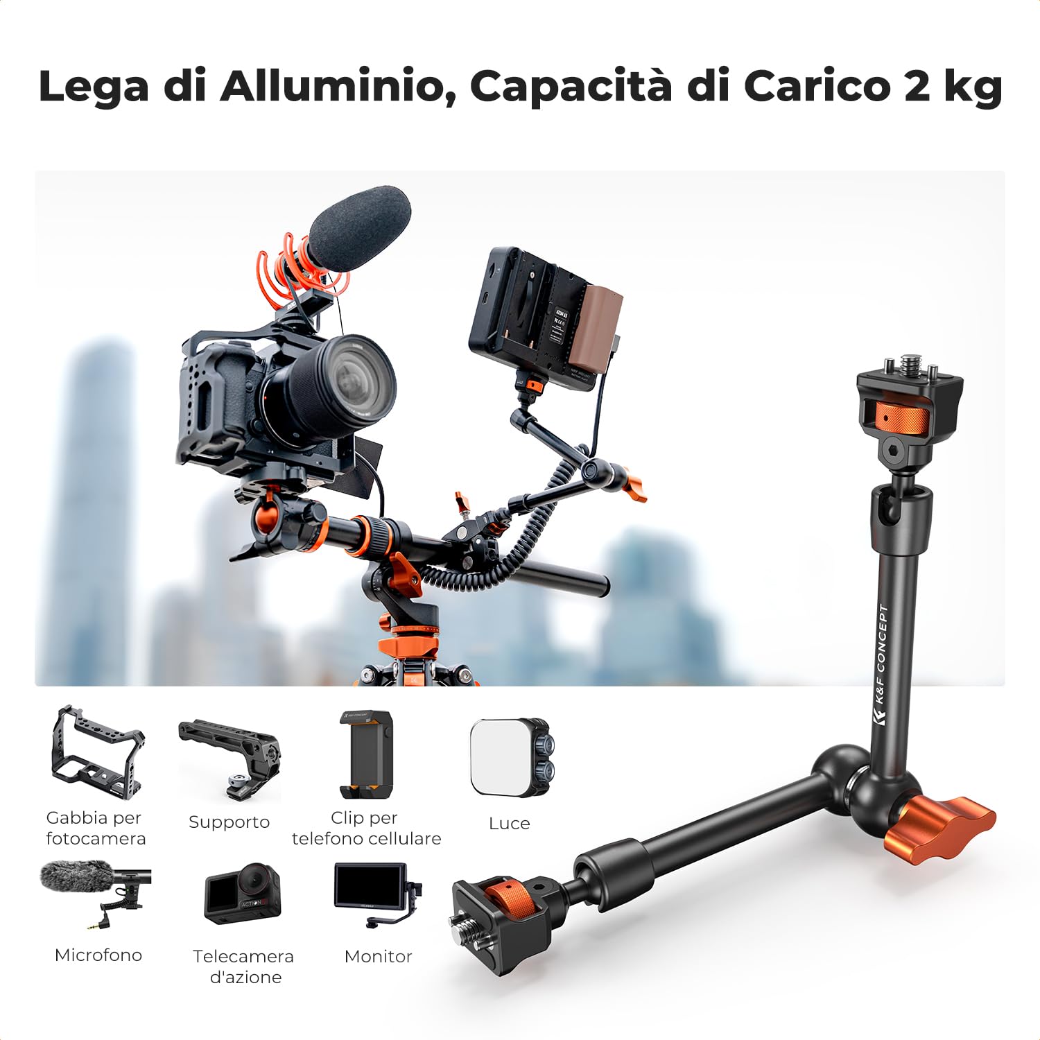 K&F CONCEPT Braccio Magico 11" con Super Clamp, Viti 1/4" e 3/8" | Braccio magico regolabile per monitor, fotocamera, luce LED e microfono, capacità di carico fino a 2 kg - MS33