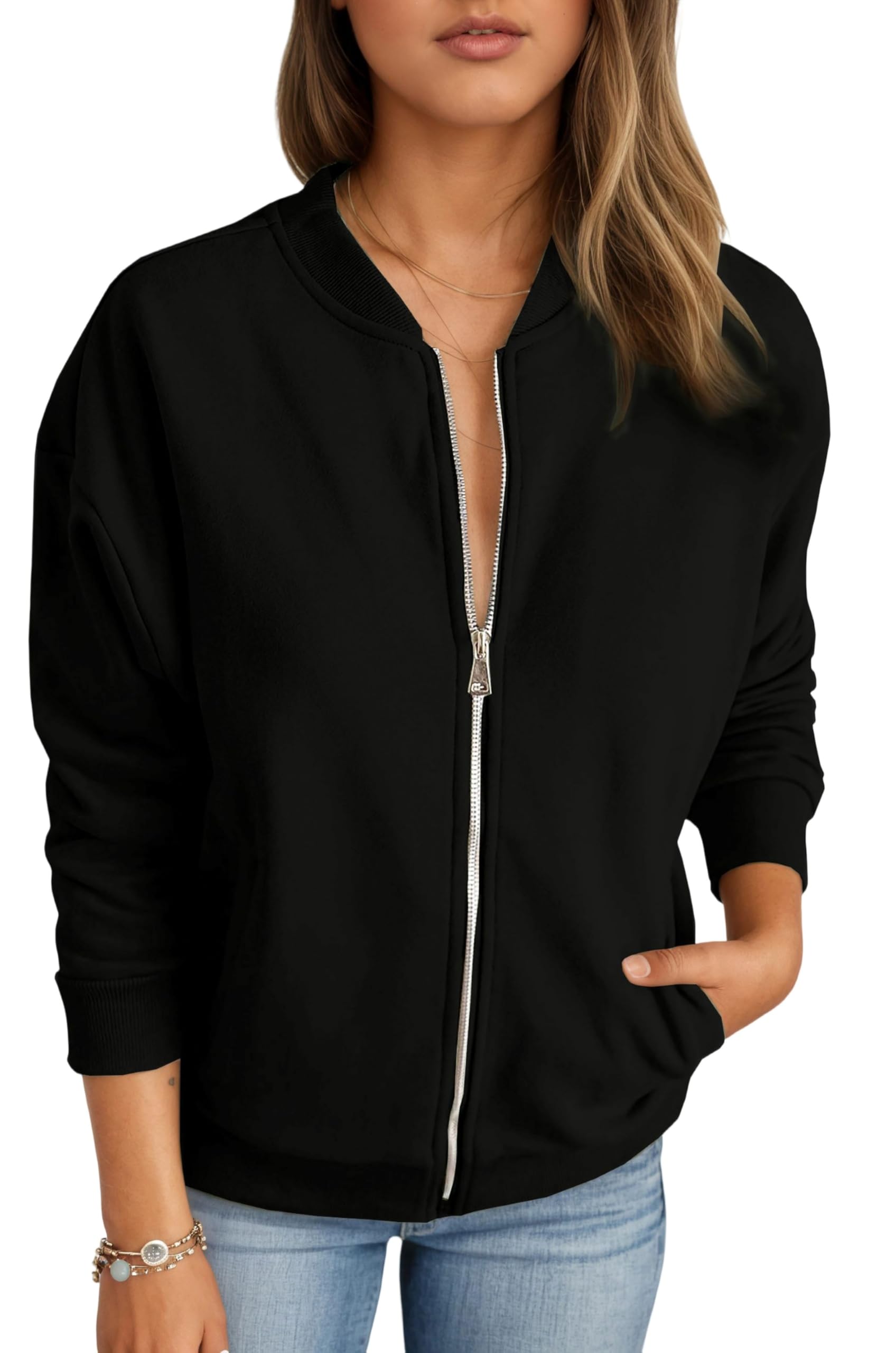 Timuspo Sudaderas con cremallera para mujer, chaqueta bomber de moda, manga larga, holgada, abrigos casuales con bolsillos