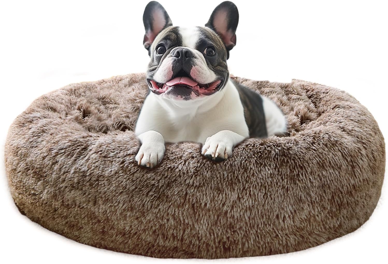 JOLLYVOGUE Small Dog & Cat Beds for Indoor Cats, Donut Cuddler Warming Soft Dog Beds with Anti-Slip Bottom, Round Calming Fluffy Plush Faux Fur Cushion Bed for Large Dogs (36", Smoke Brown) 36.0"L x 36.0"W x 8.0"Th Smoke Brown