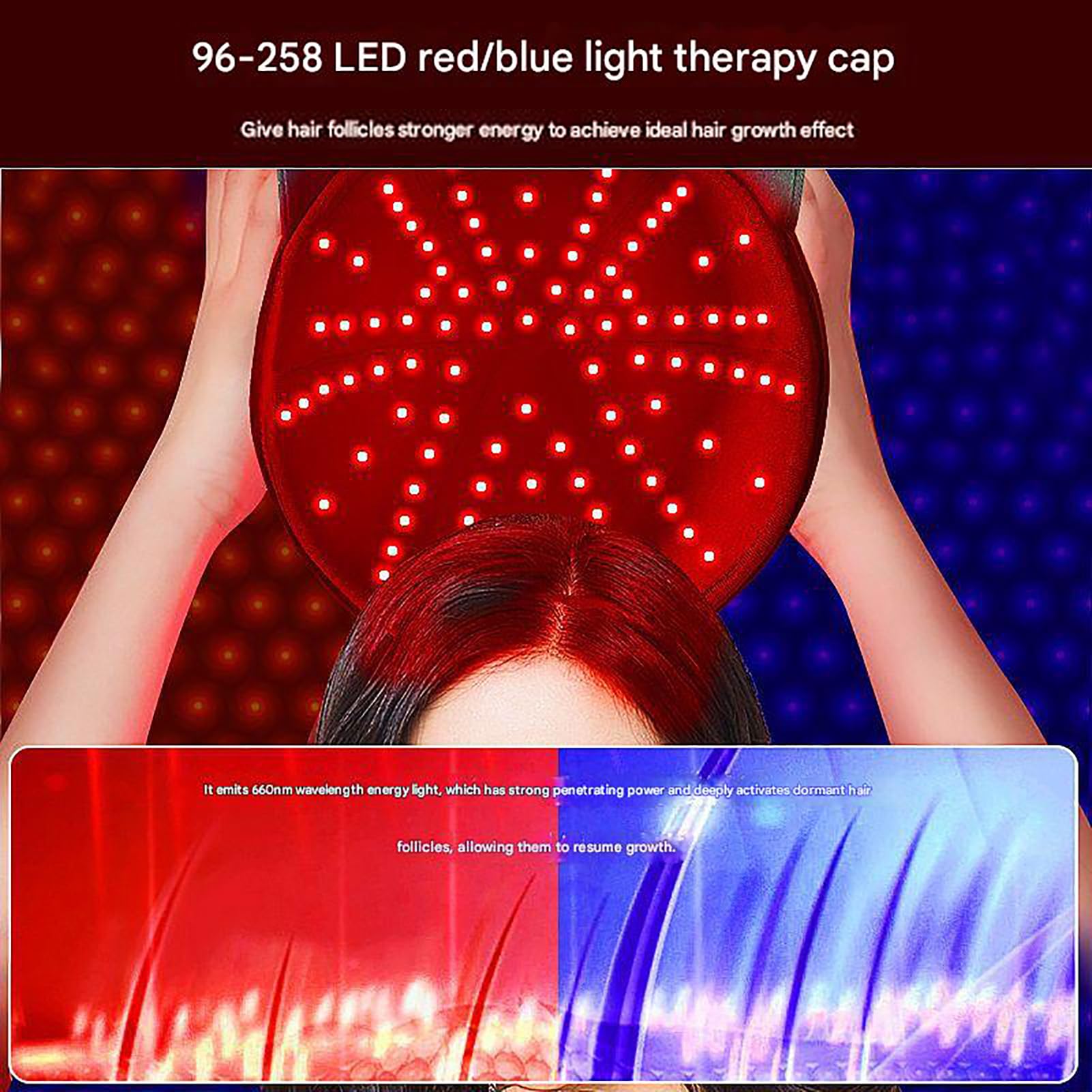 GOURIXIN Gorro portátil de Terapia de luz roja, 96-258 LED, Terapia de luz roja para el Crecimiento del Cabello, 5 Modos de Funcionamiento, batería de 3000 mAh, cómodo y Transpirable