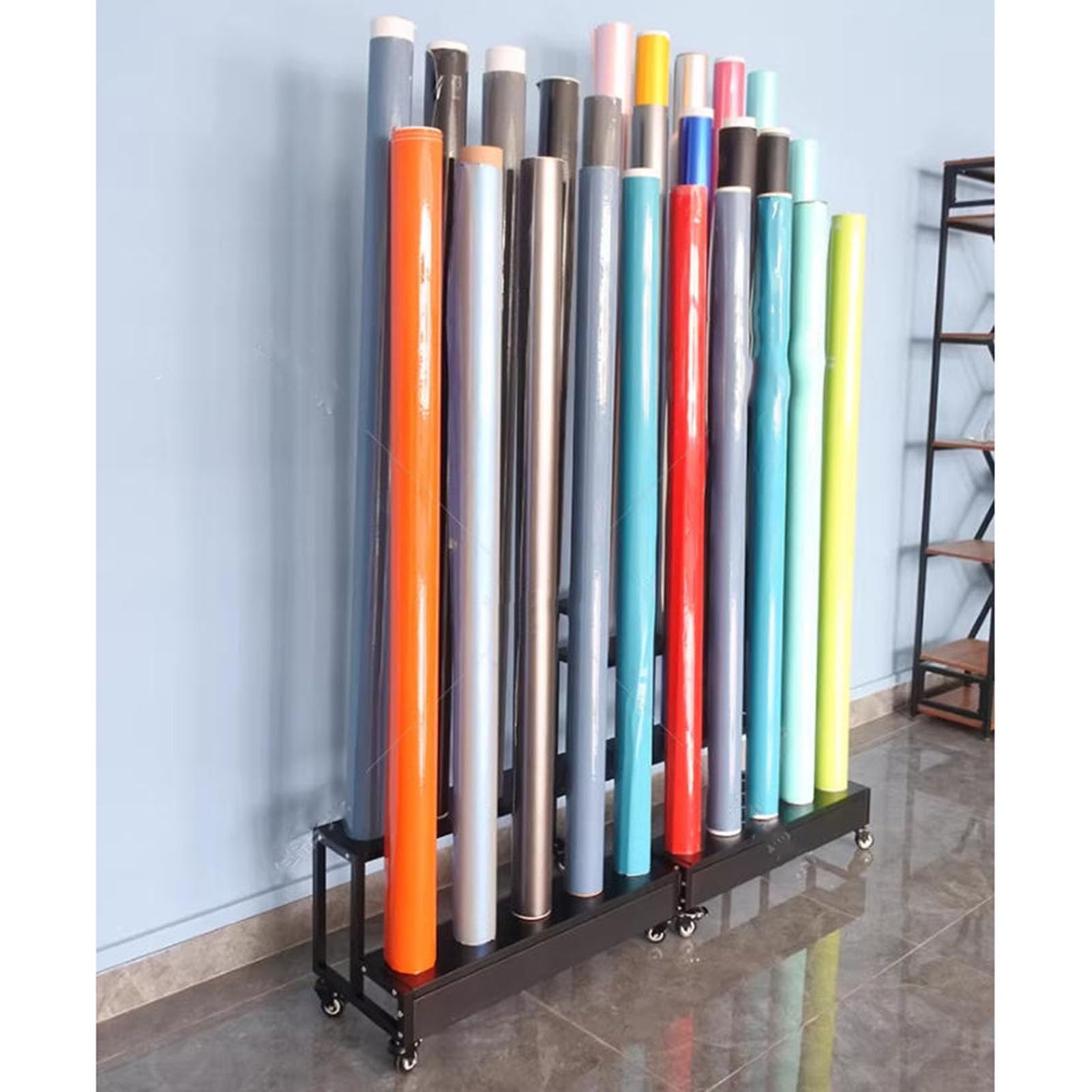Estante de almacenamiento para coche con ruedas giratorias, soporte de exhibición resistente para papel de regalo y papel pintado, ideal para uso doméstico y de oficina