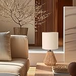 KUNJOULAM Rattan Table Lamp, 14" Small Nightstand Bedside Lamp with Linen Fabric Lampshade, Desk Lamp Room Decor for Bedroom Living Room Home Office