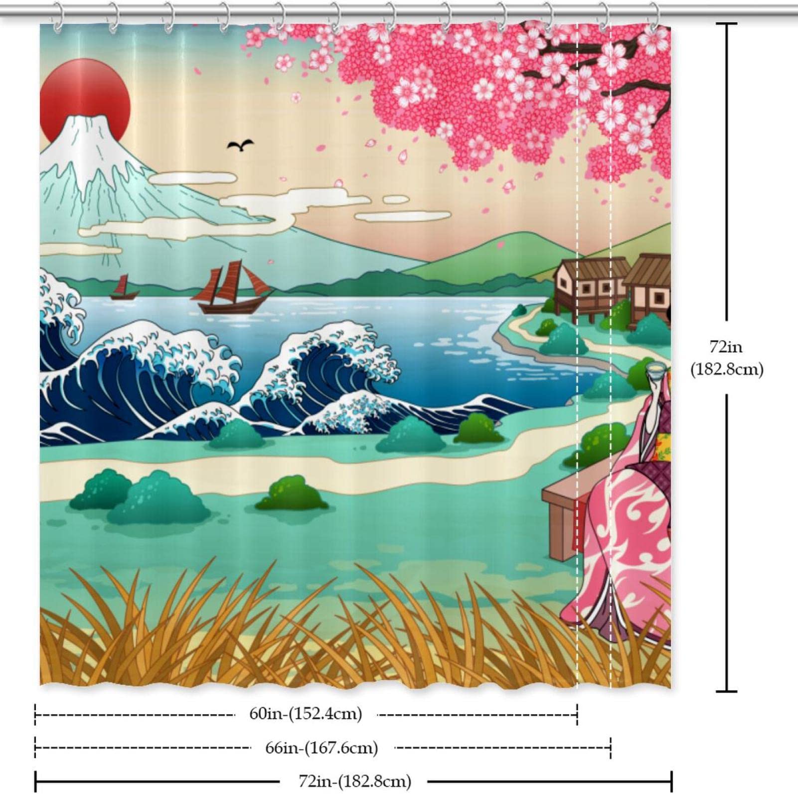 Amazon.co.jp: 桜 富士山 浮世絵風 芸者 シャワーカーテン 浴室 防カビ 